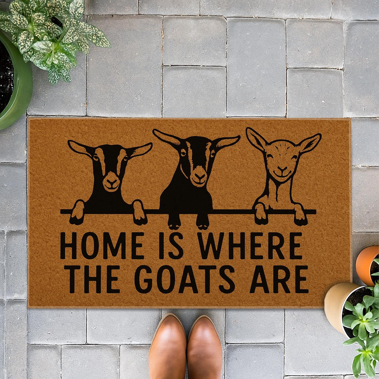 Goat Doormat – Farmhouse Entry Rug with Coir Material and Home Quote Design