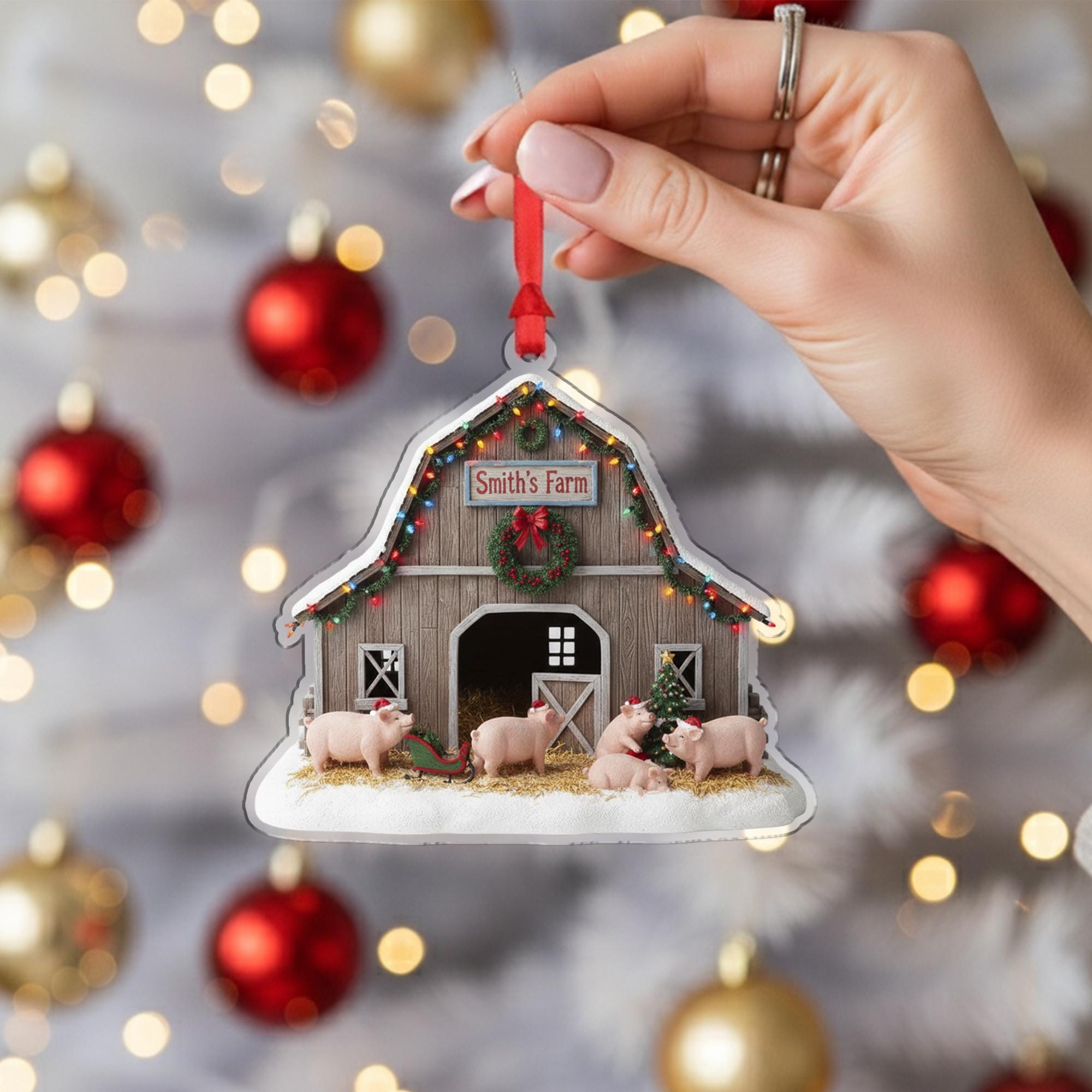 Personalized Farmhouse Barn Ornament – Custom Pig Christmas Decoration