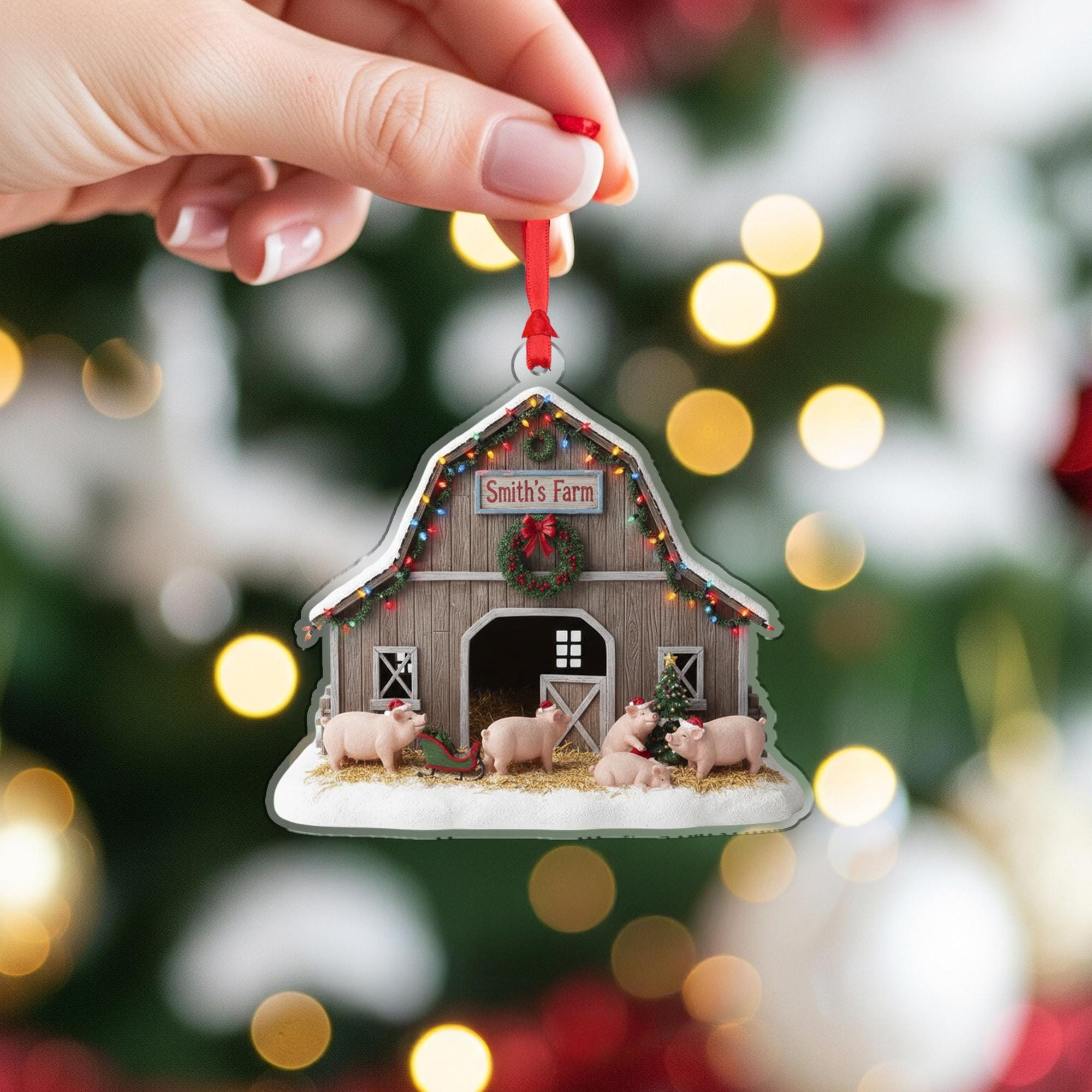 Personalized Farmhouse Barn Ornament – Custom Pig Christmas Decoration