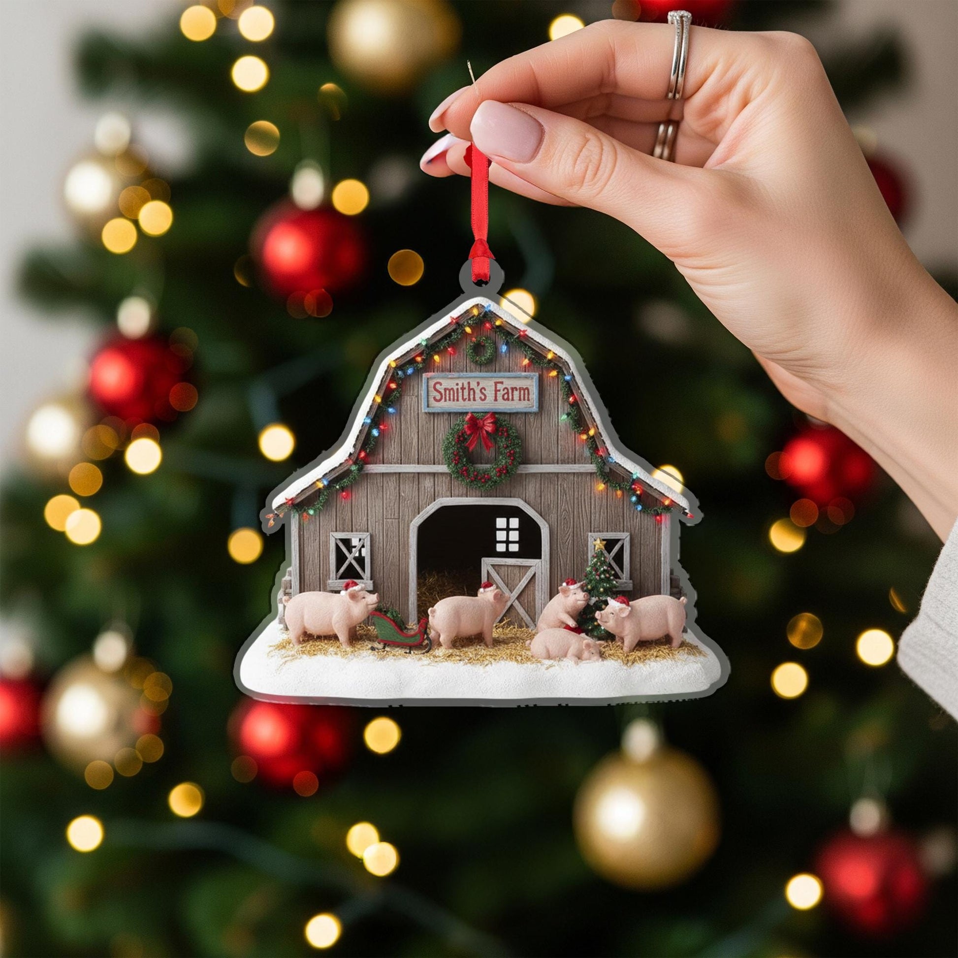 Personalized Farmhouse Barn Ornament – Custom Pig Christmas Decoration