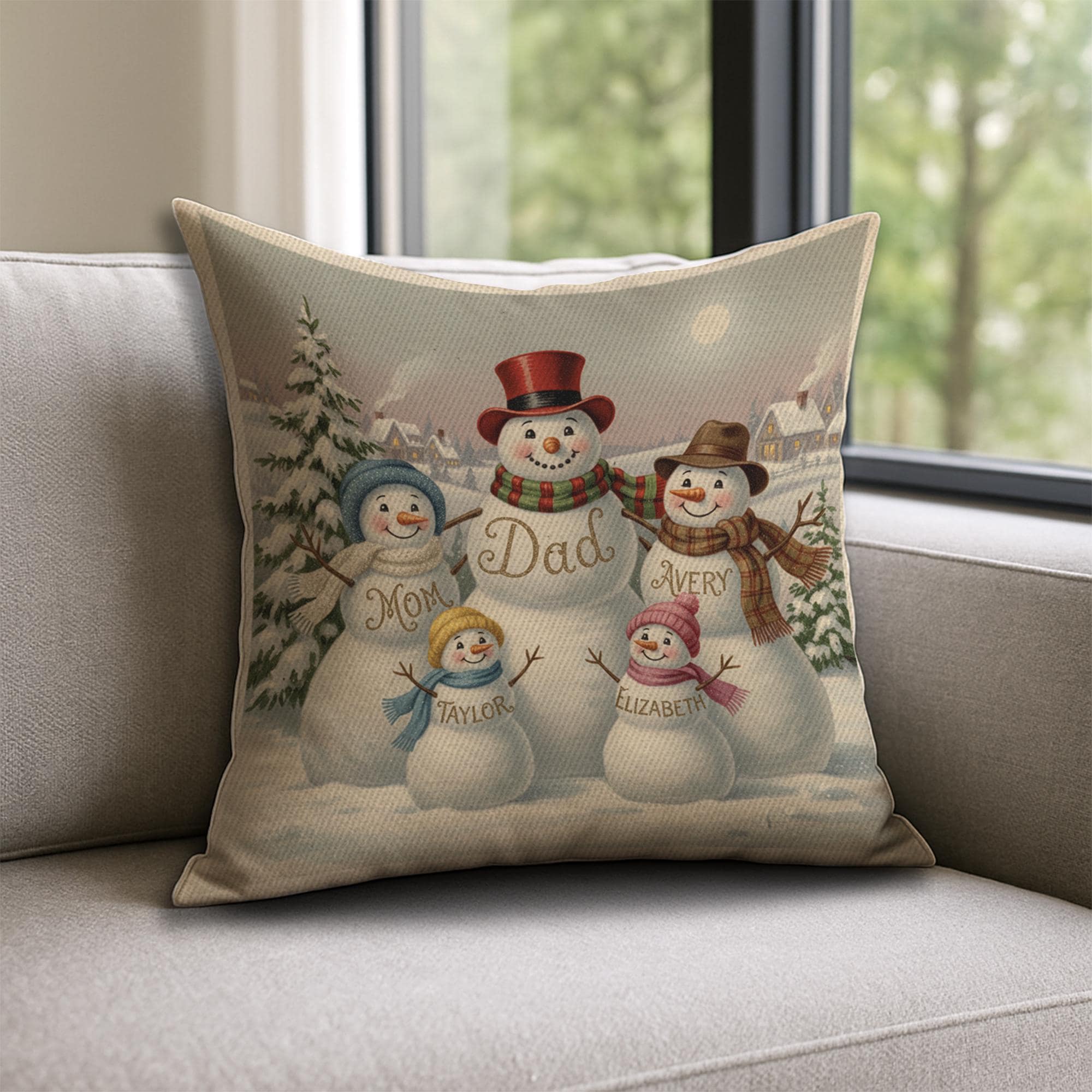 Custom Snowman Family Pillow – Personalized Christmas Cushion