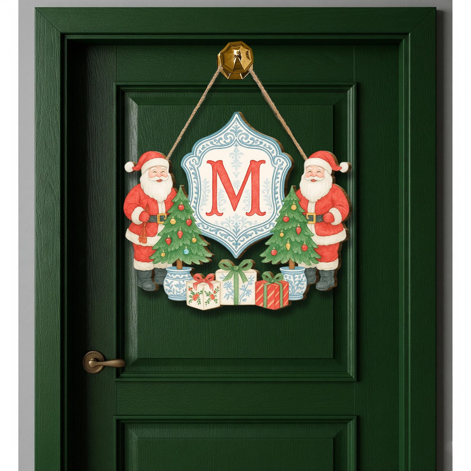 Personalized Christmas Wooden Door Sign – Custom Santa Monogram Holiday Decor