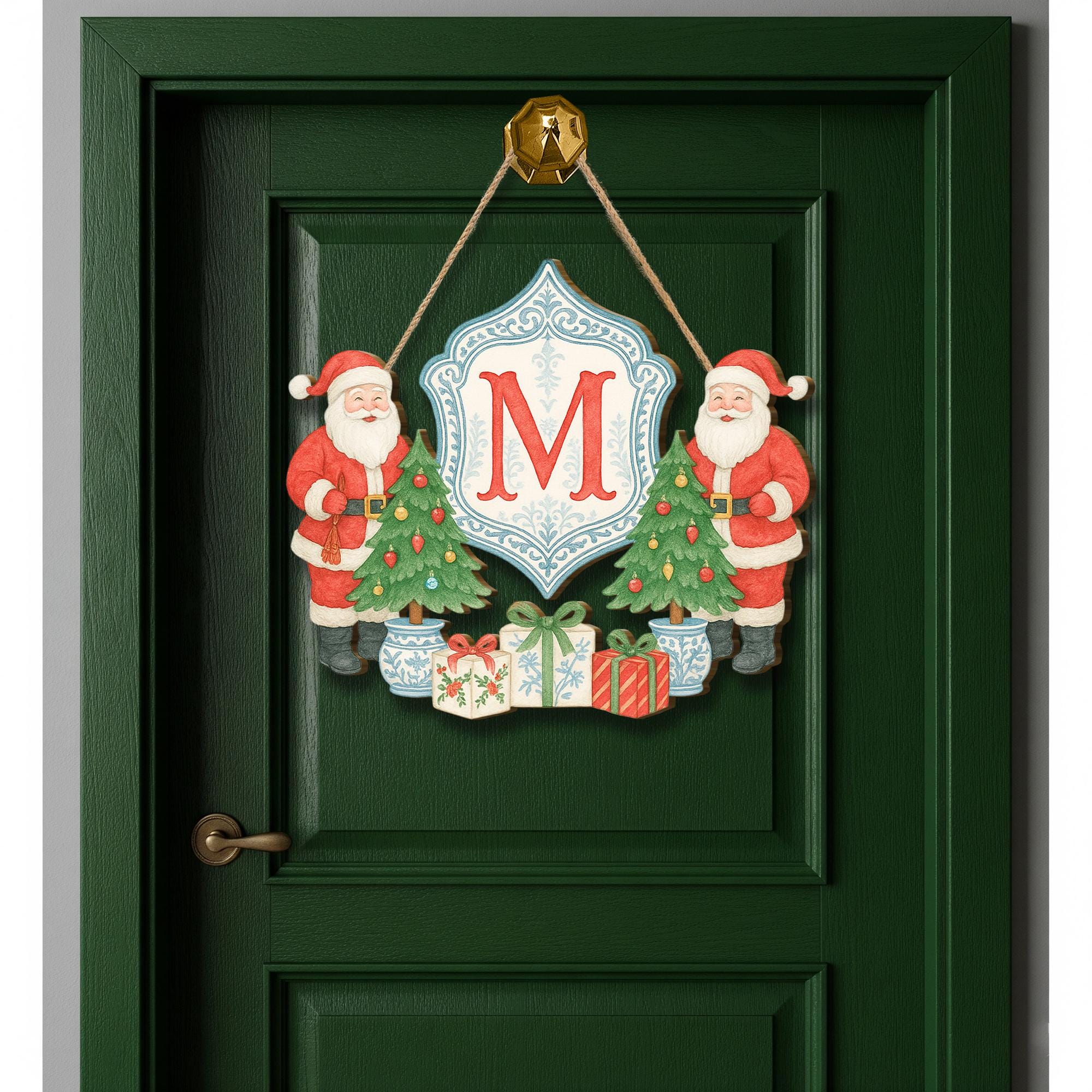 Personalized Christmas Wooden Door Sign – Custom Santa Monogram Holiday Decor
