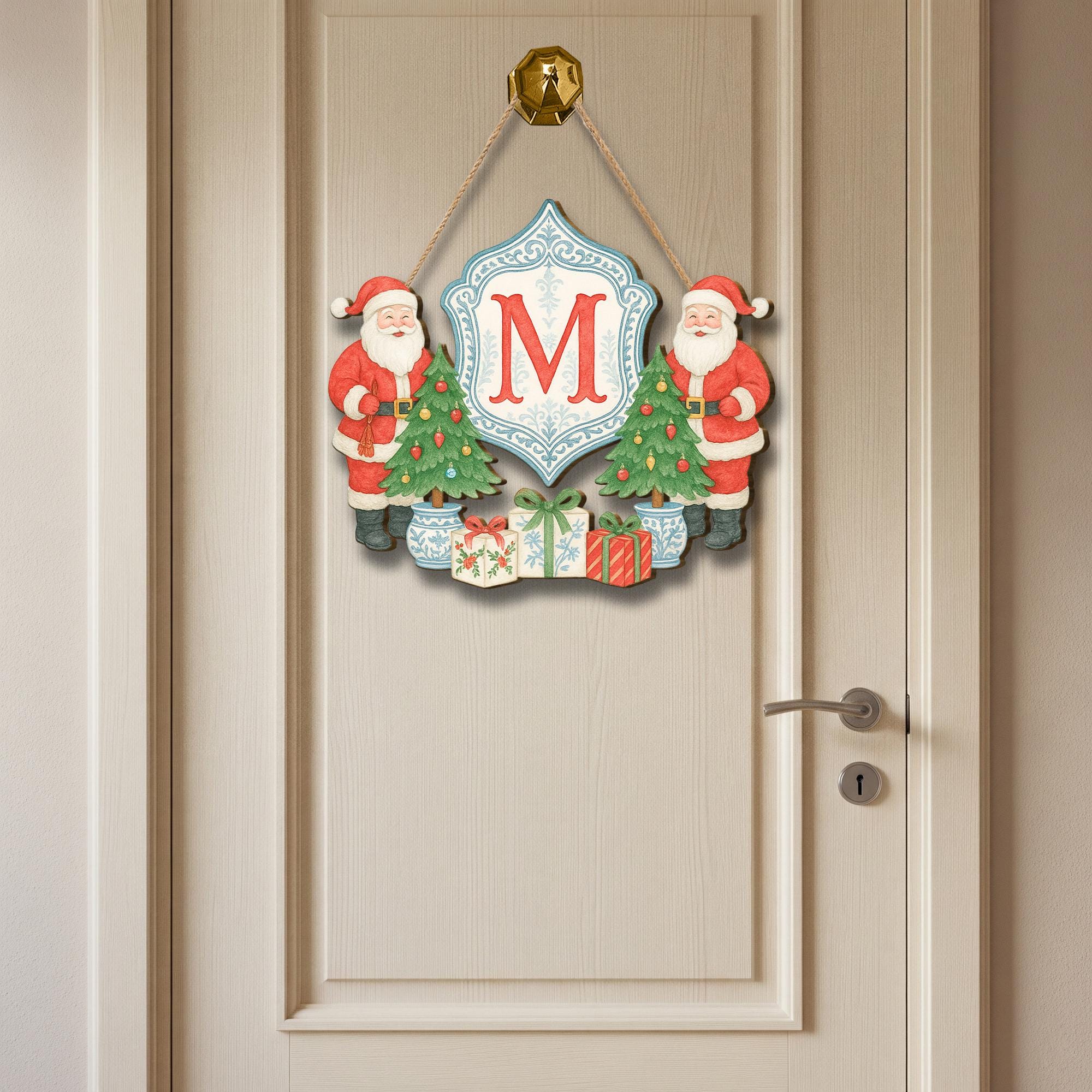 Personalized Christmas Wooden Door Sign – Custom Santa Monogram Holiday Decor