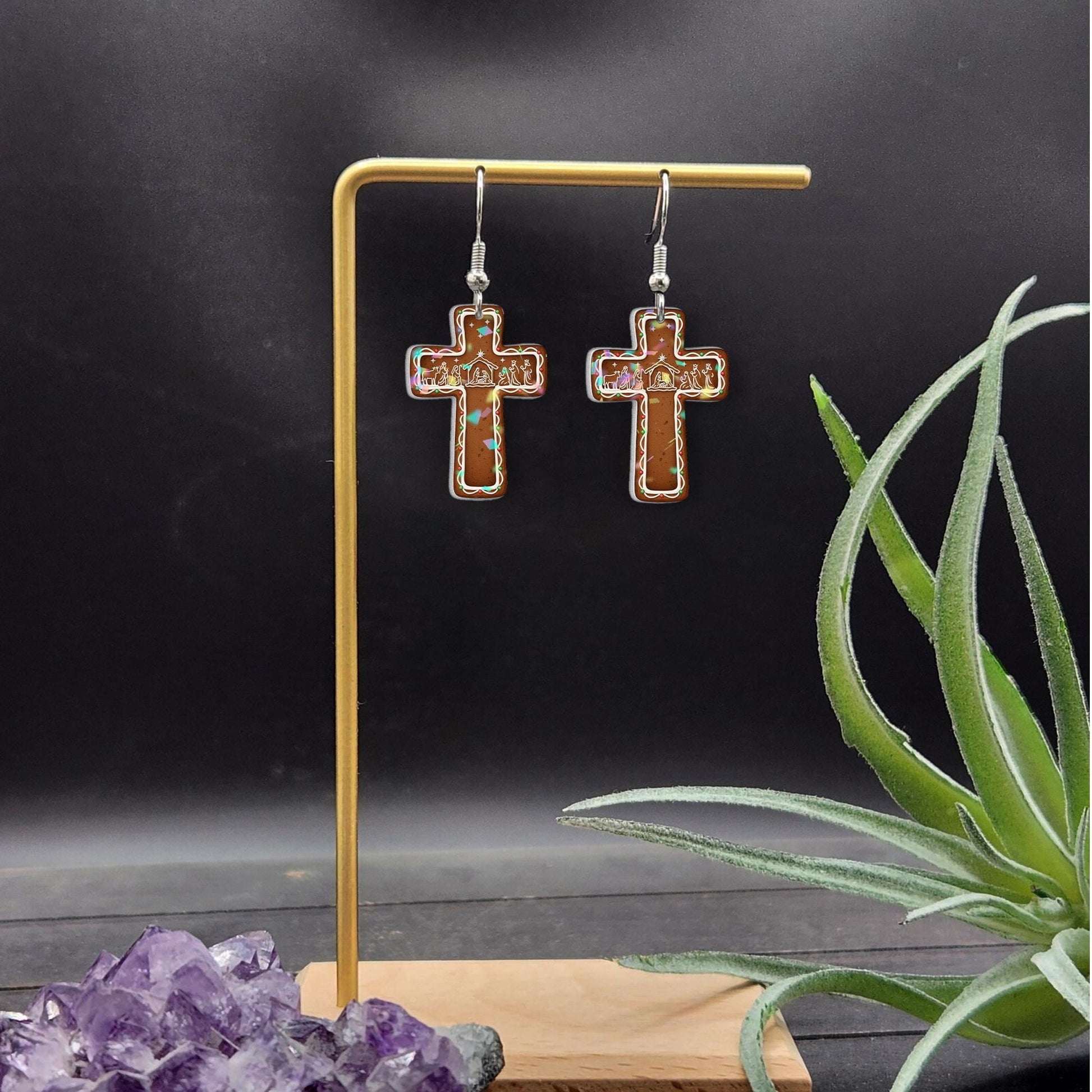 Christian Cross Earrings – Nativity Scene Holiday Jewelry