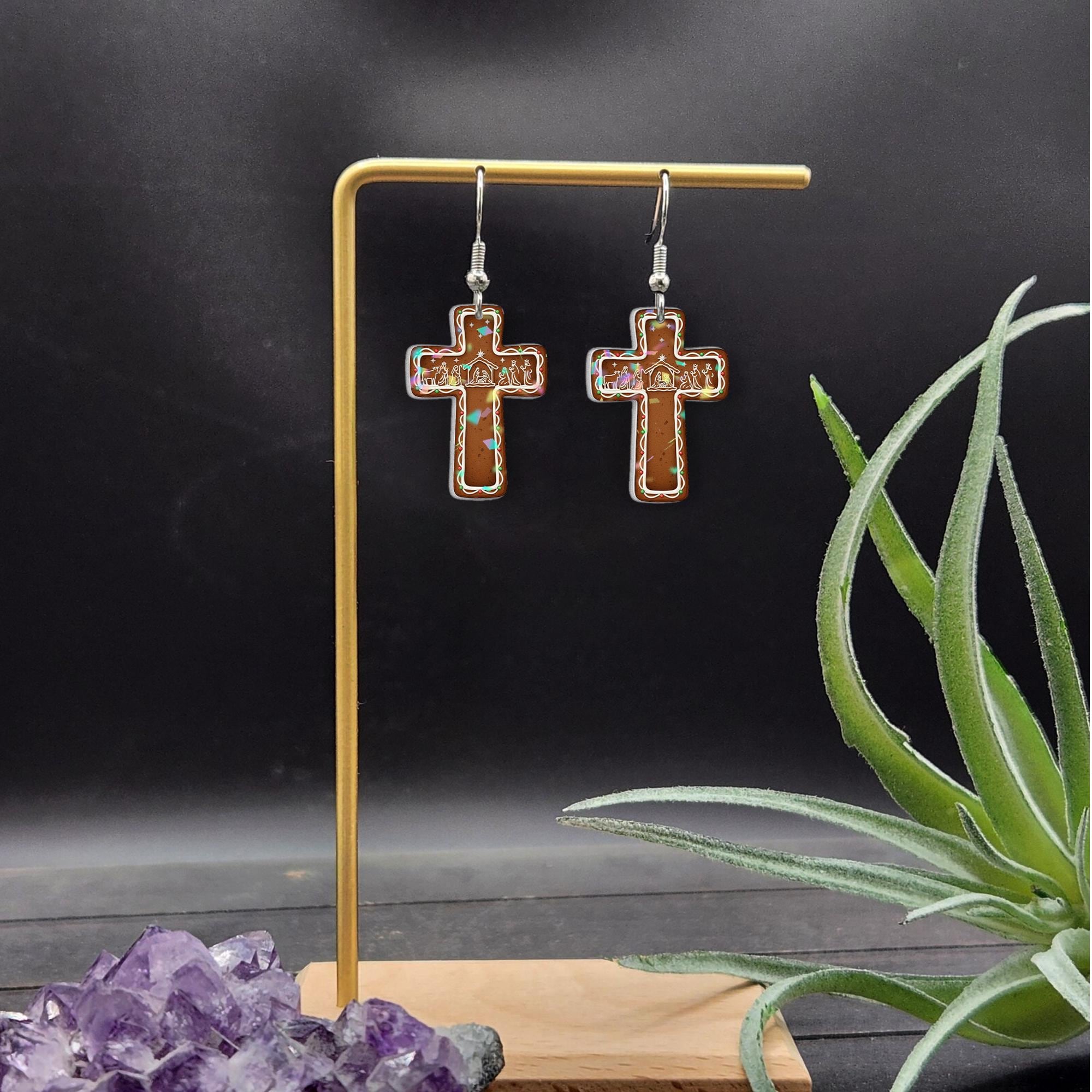 Christian Cross Earrings – Nativity Scene Holiday Jewelry