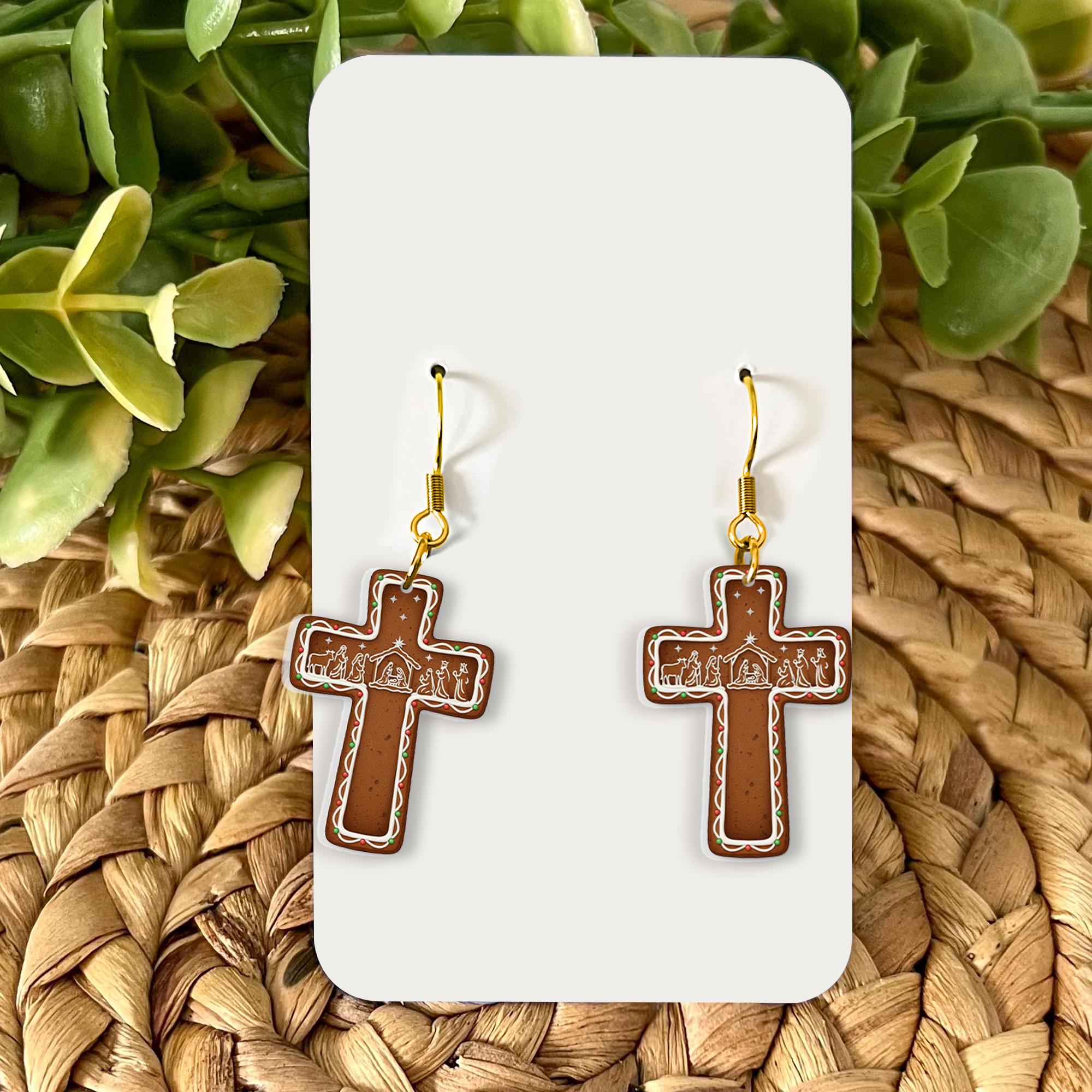Christian Cross Earrings – Nativity Scene Holiday Jewelry