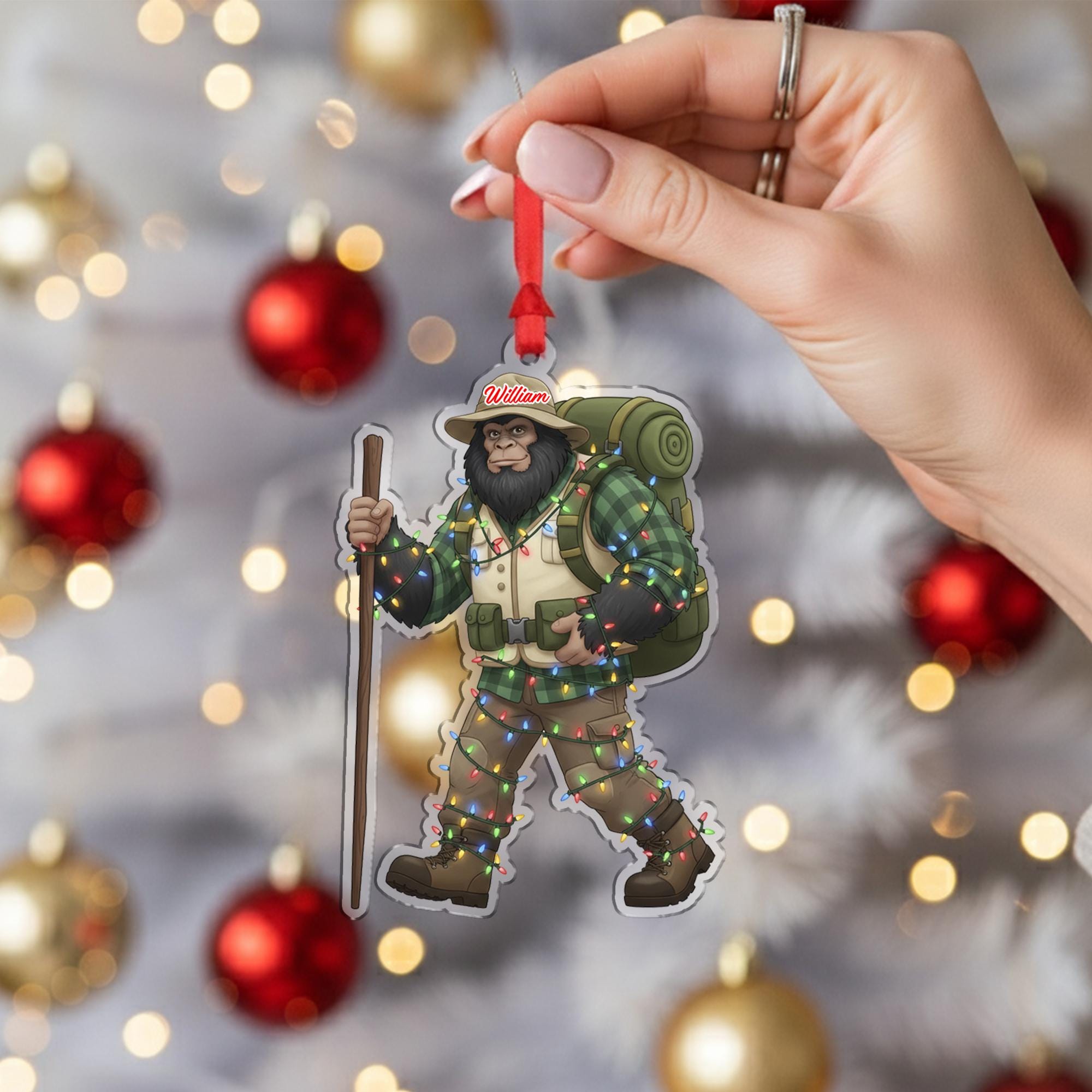 Personalized Bigfoot Hiker Acrylic Ornament: Sasquatch Christmas Decor
