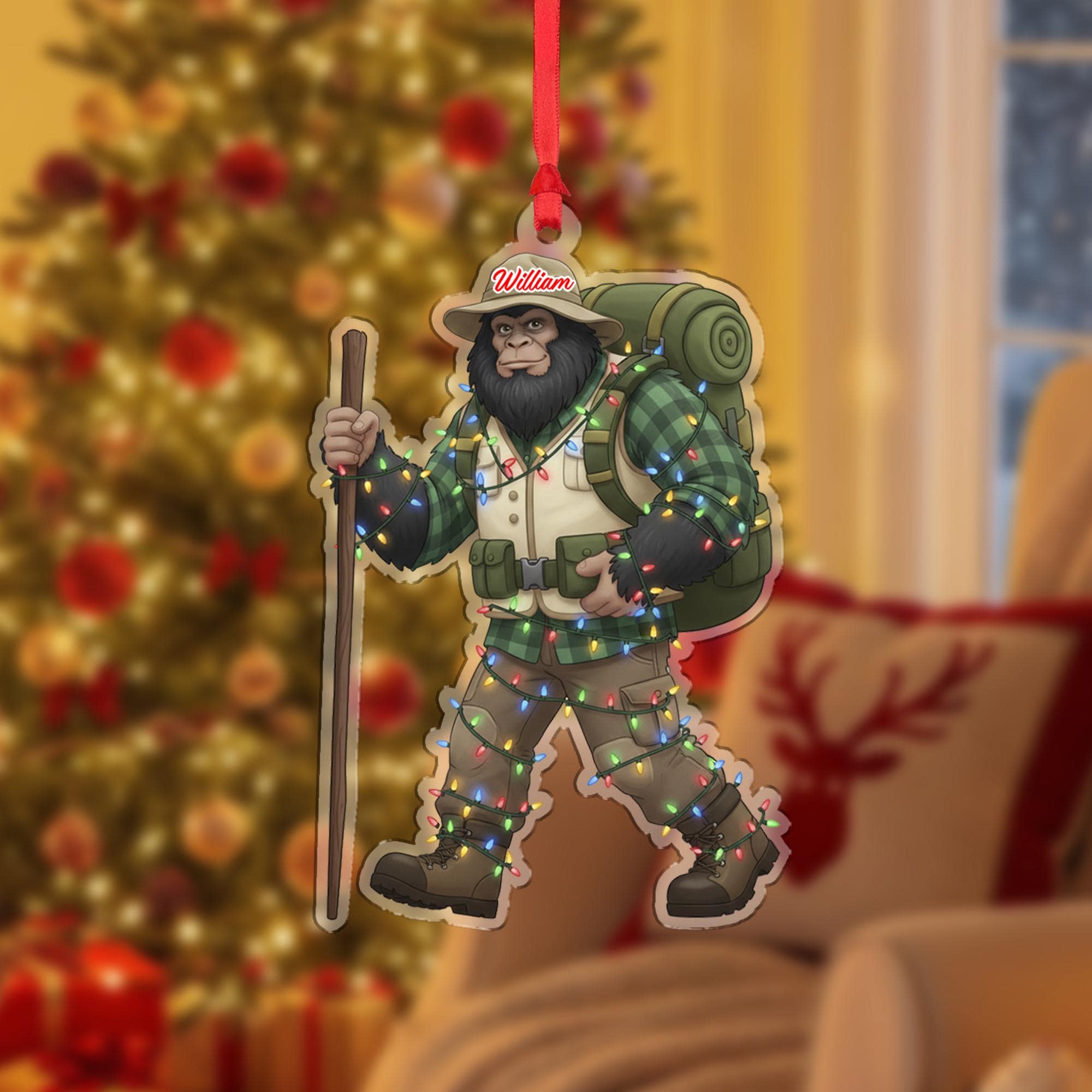 Personalized Bigfoot Hiker Acrylic Ornament: Sasquatch Christmas Decor