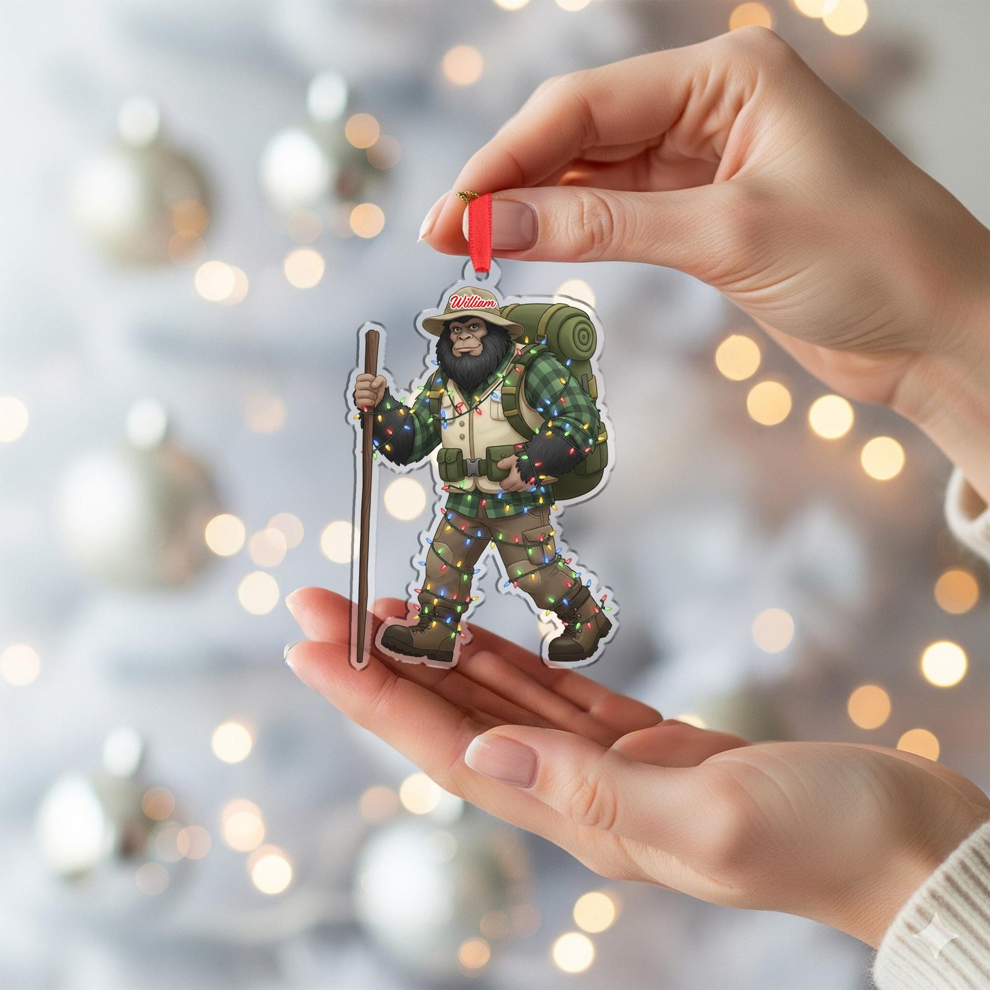 Personalized Bigfoot Hiker Acrylic Ornament: Sasquatch Christmas Decor