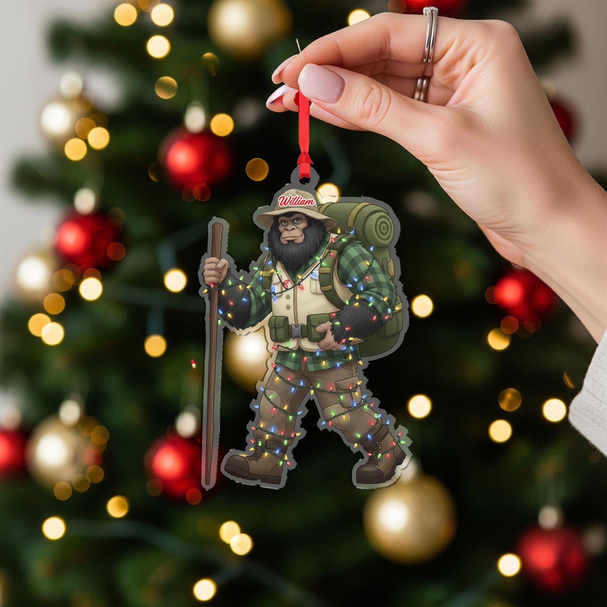 Personalized Bigfoot Hiker Acrylic Ornament: Sasquatch Christmas Decor