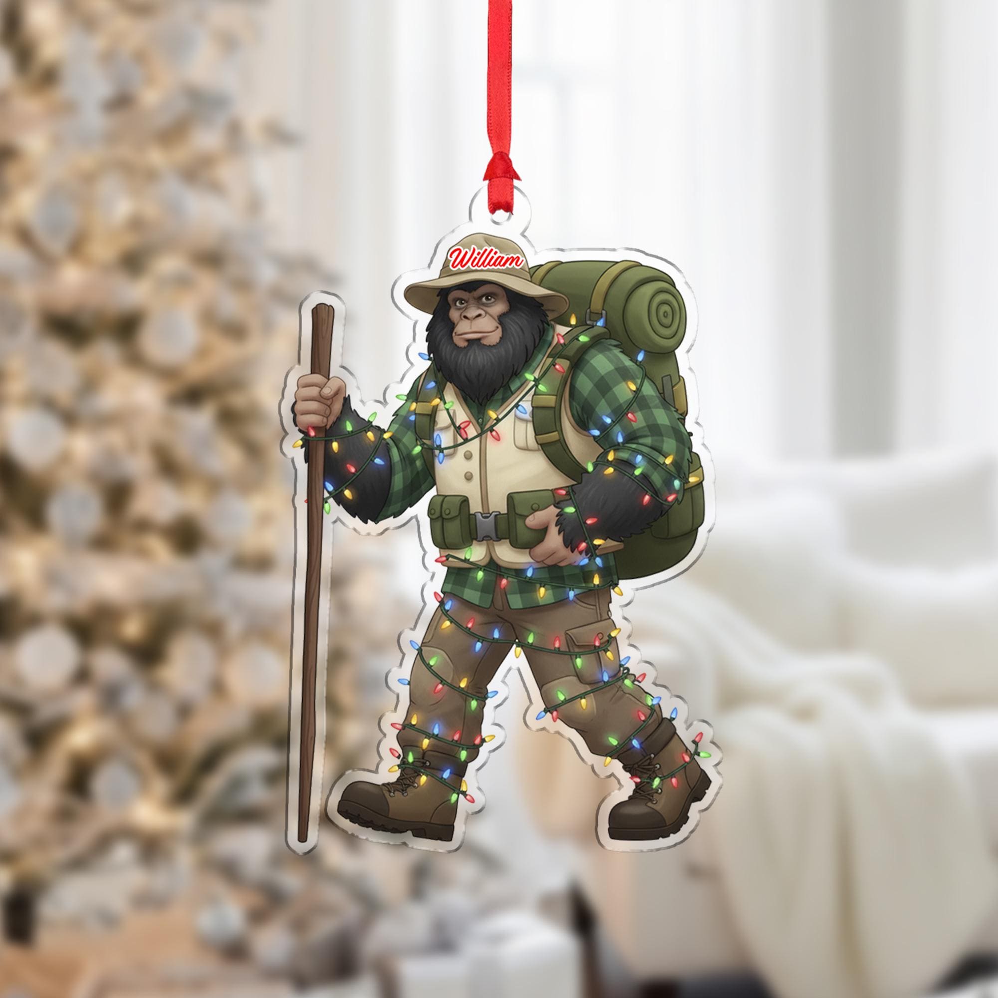 Personalized Bigfoot Hiker Acrylic Ornament: Sasquatch Christmas Decor