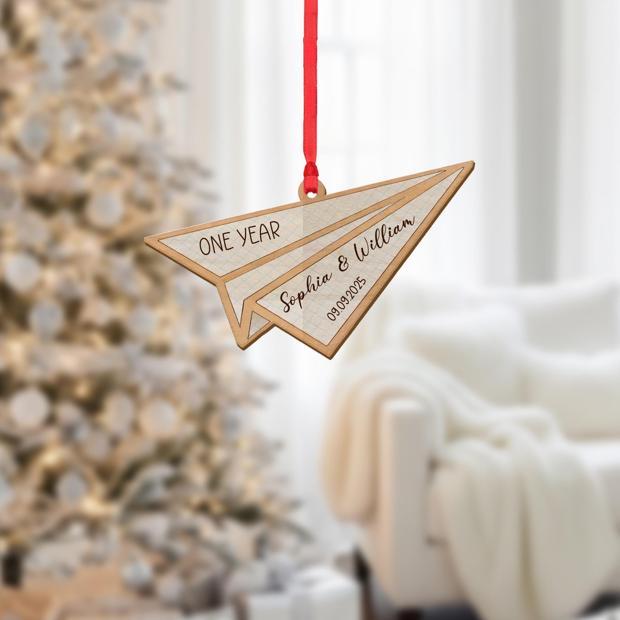 Paper Airplane Anniversary Ornament – Personalized Couple Gift with Names & Date