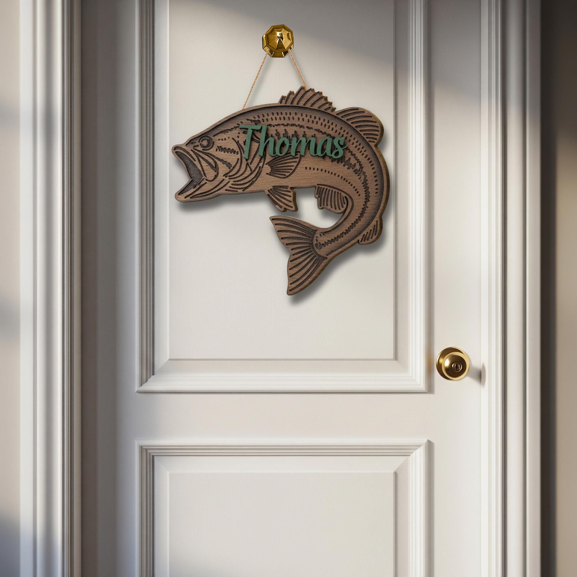 Personalized Largemouth Bass Fish Wood Sign: 2-Layer Fisherman Name Door Hanger