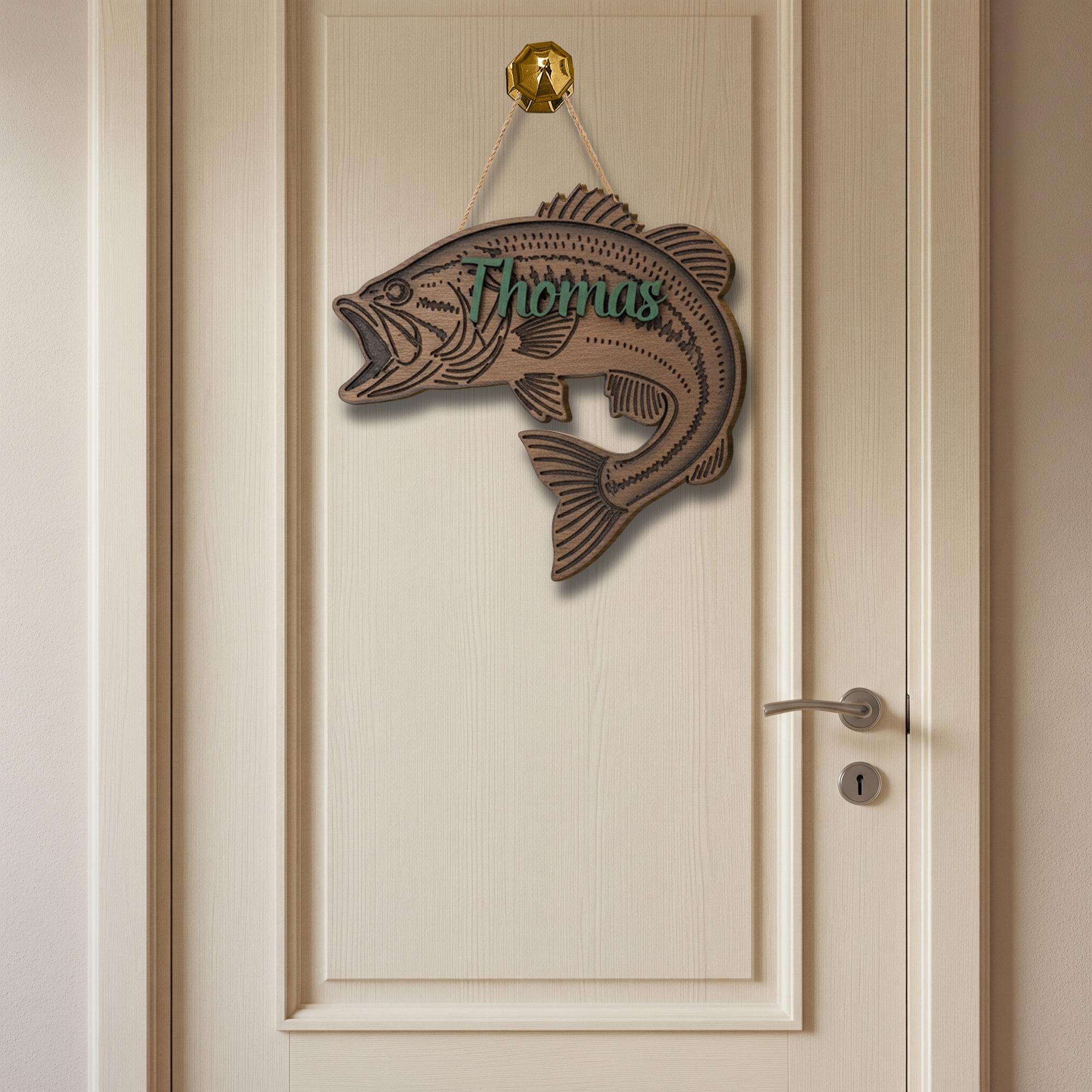 Personalized Largemouth Bass Fish Wood Sign: 2-Layer Fisherman Name Door Hanger