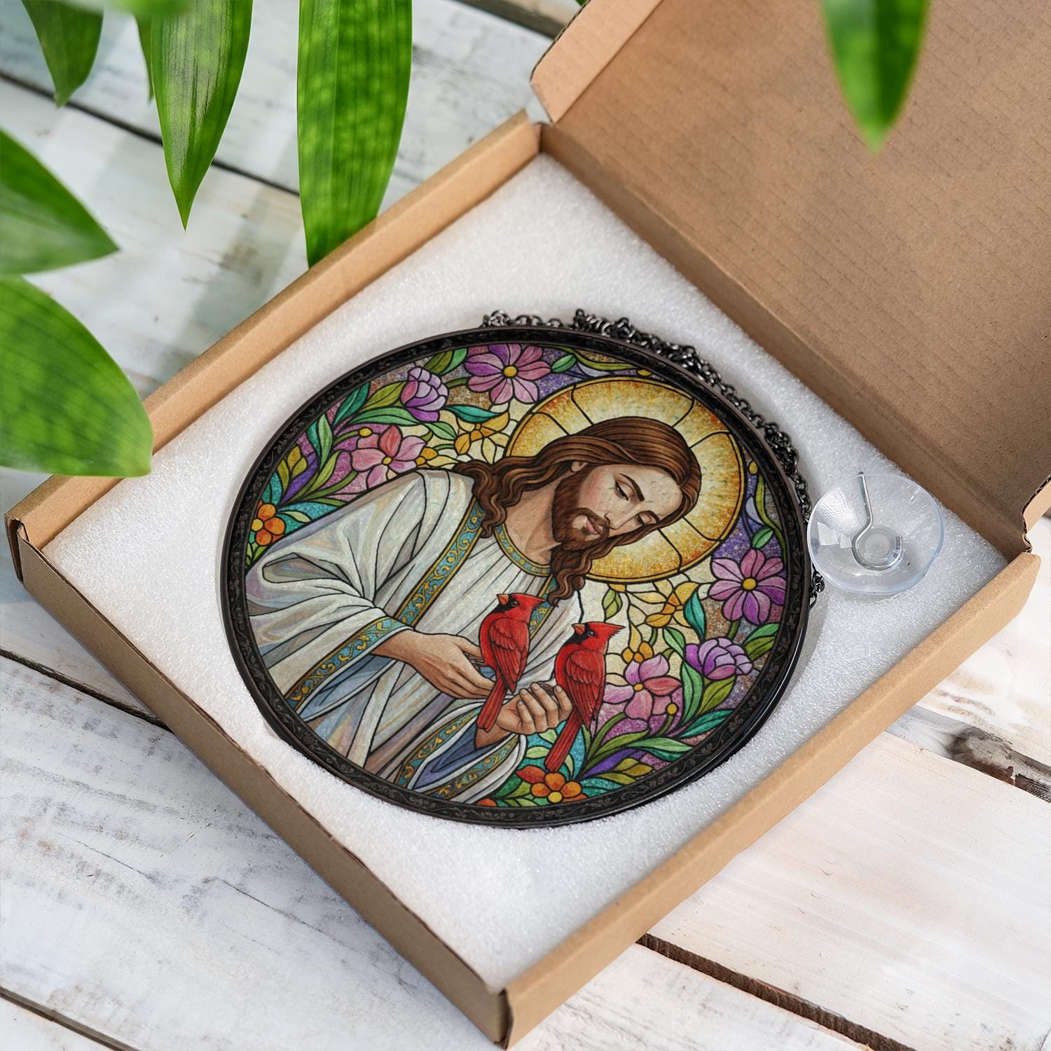 Jesus Suncatcher – Glass Hanging Decoration with Cardinals and Floral Stained Design