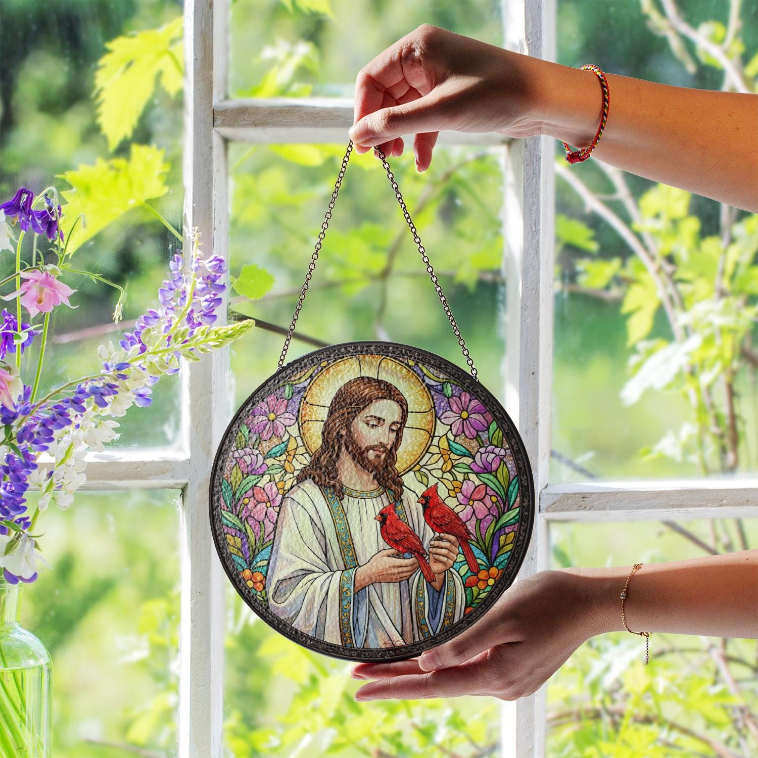 Jesus Suncatcher – Glass Hanging Decoration with Cardinals and Floral Stained Design