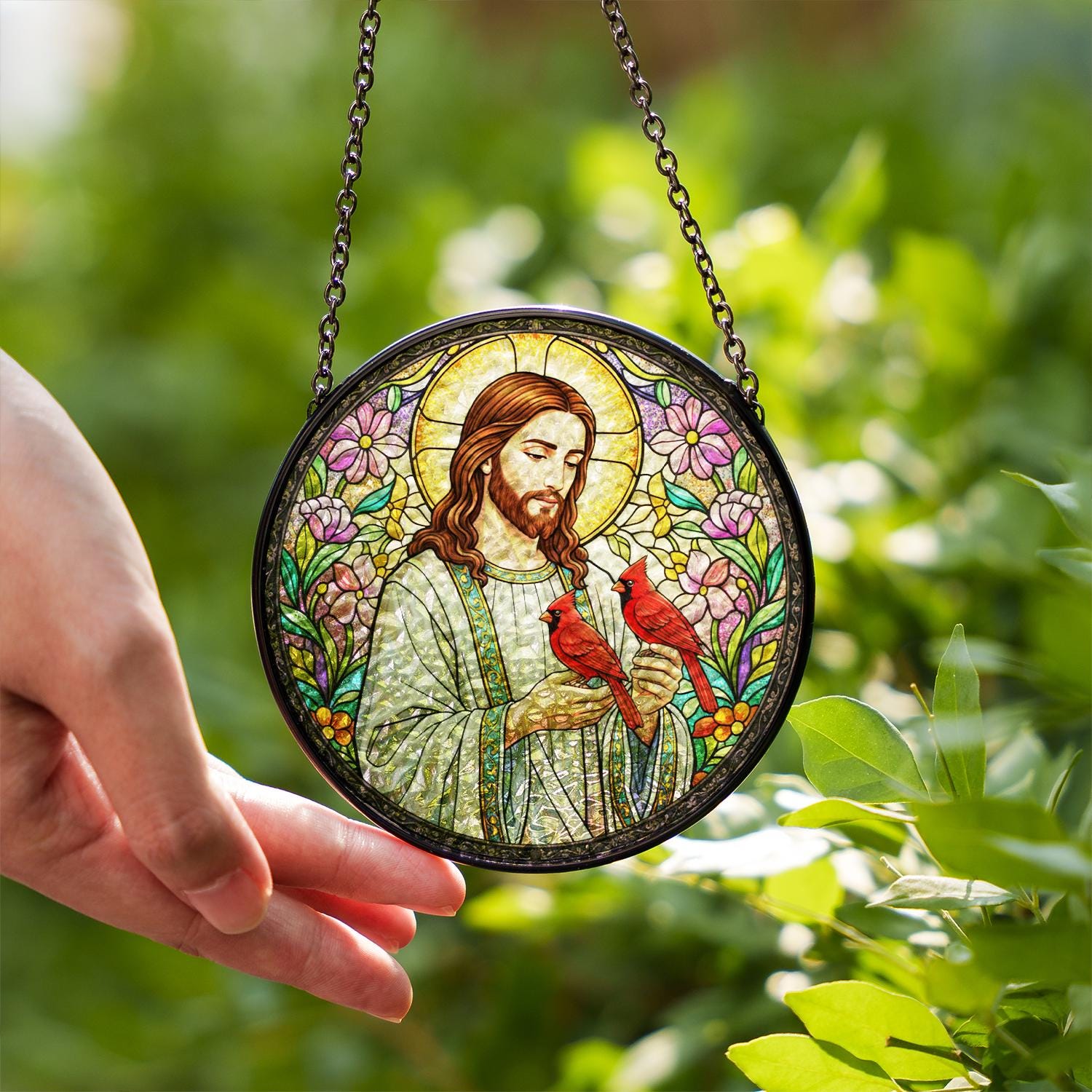 Jesus Suncatcher – Glass Hanging Decoration with Cardinals and Floral Stained Design