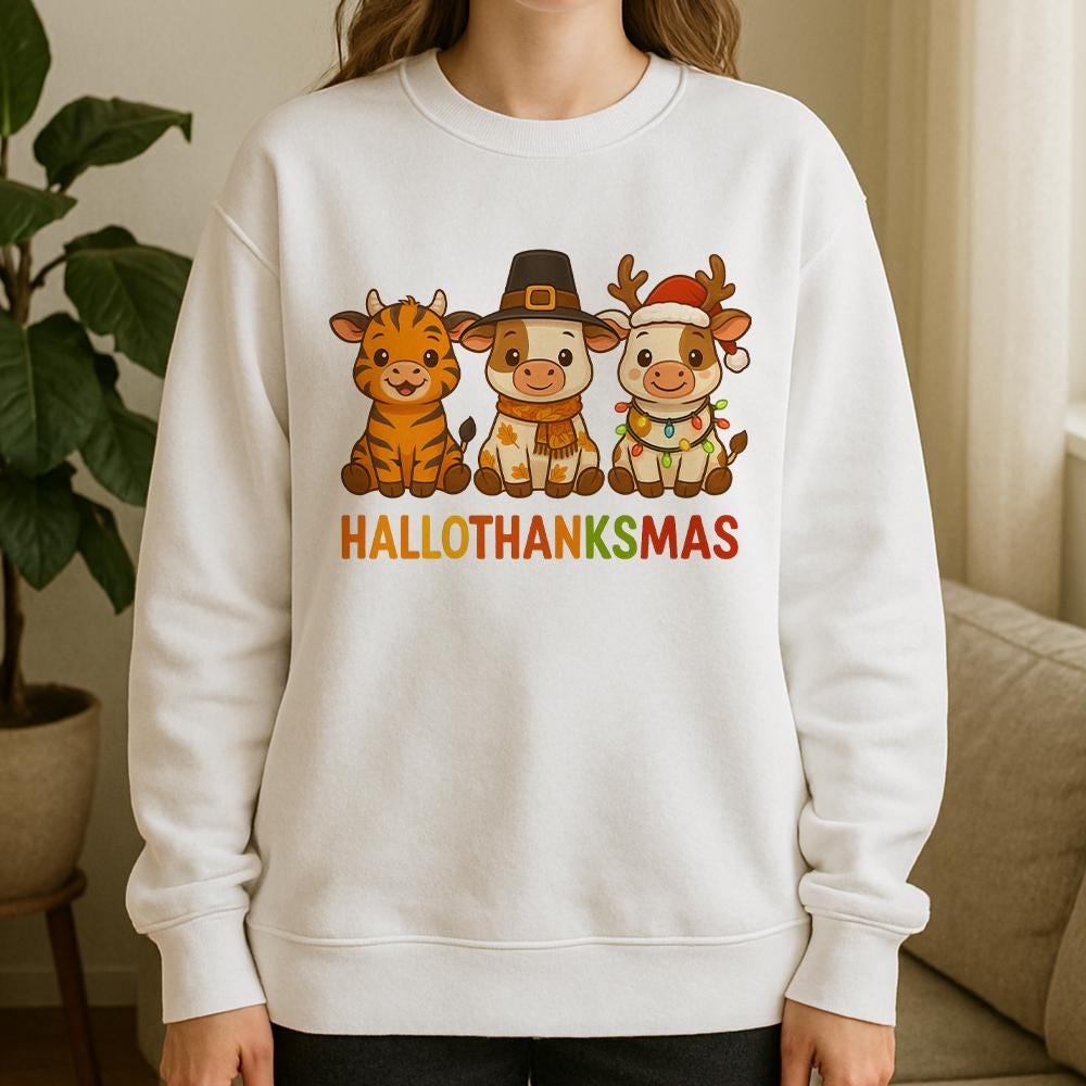 Hallothanksmas Sweatshirt – Unisex Pullover with Holiday Cow and Tiger Graphic Design