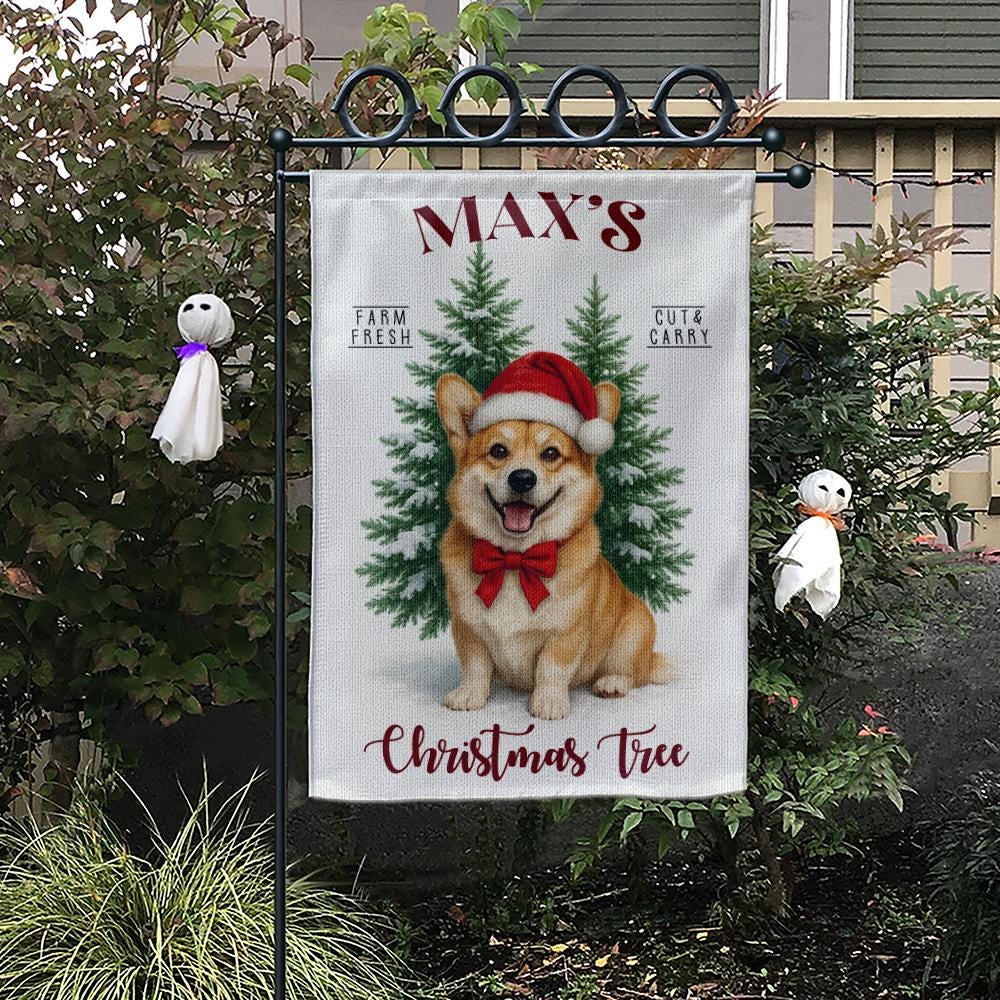 Personalized Christmas Garden Flag – Custom Dog Yard Decoration with Santa Hat and Tree Design