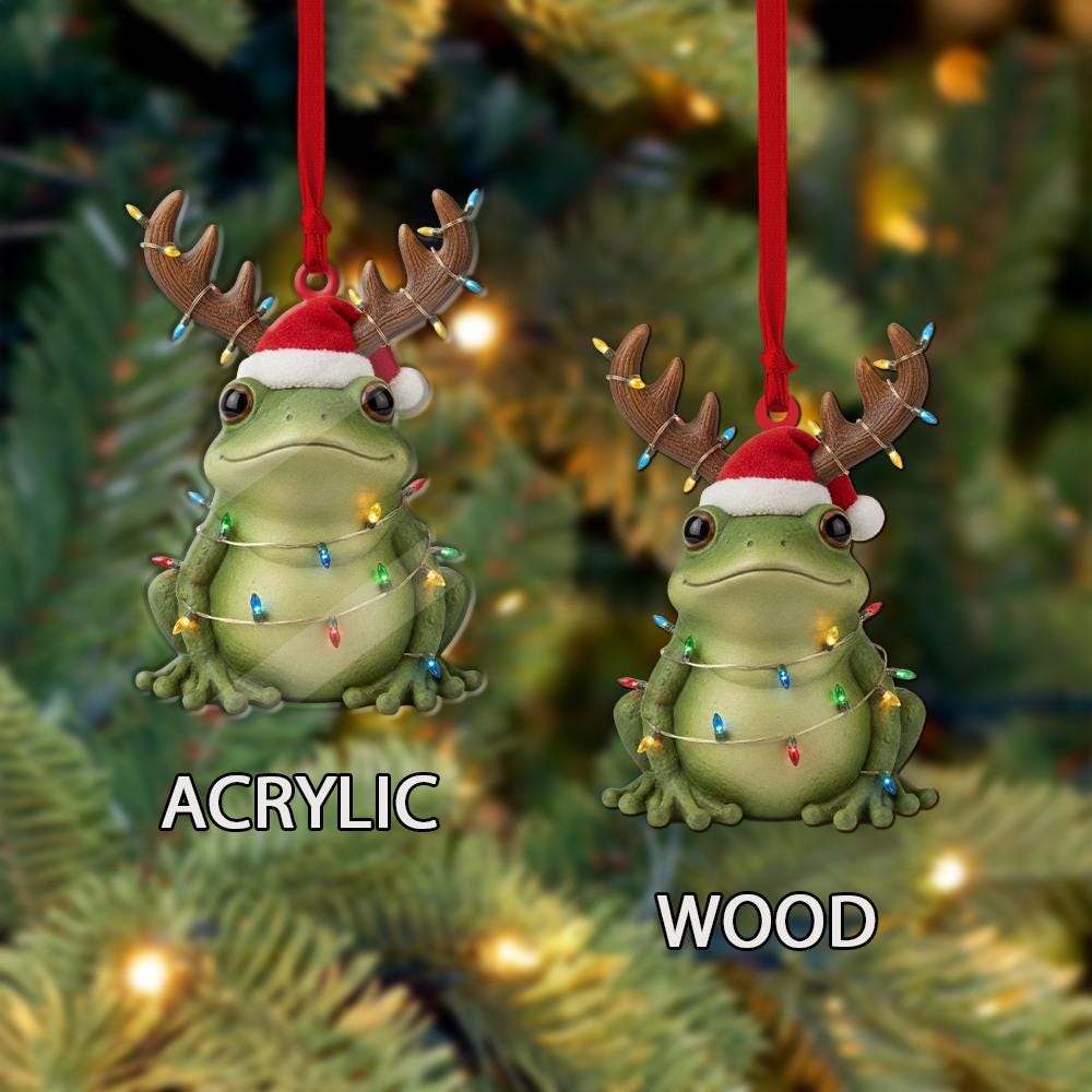 Frog Christmas Ornament – Holiday Tree Decoration with Reindeer Antlers and Santa Hat