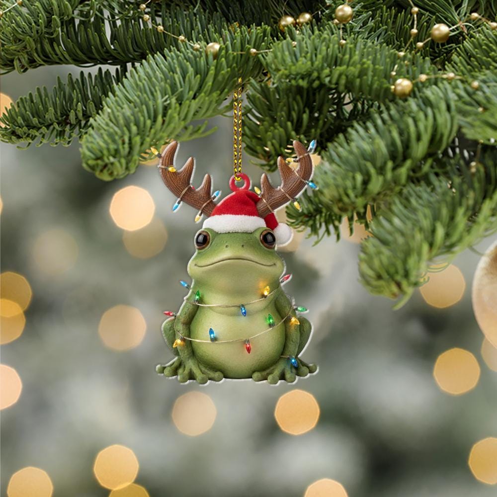 Frog Christmas Ornament – Holiday Tree Decoration with Reindeer Antlers and Santa Hat