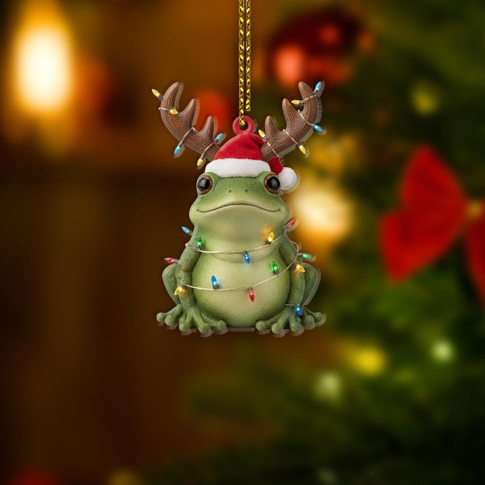 Frog Christmas Ornament – Holiday Tree Decoration with Reindeer Antlers and Santa Hat