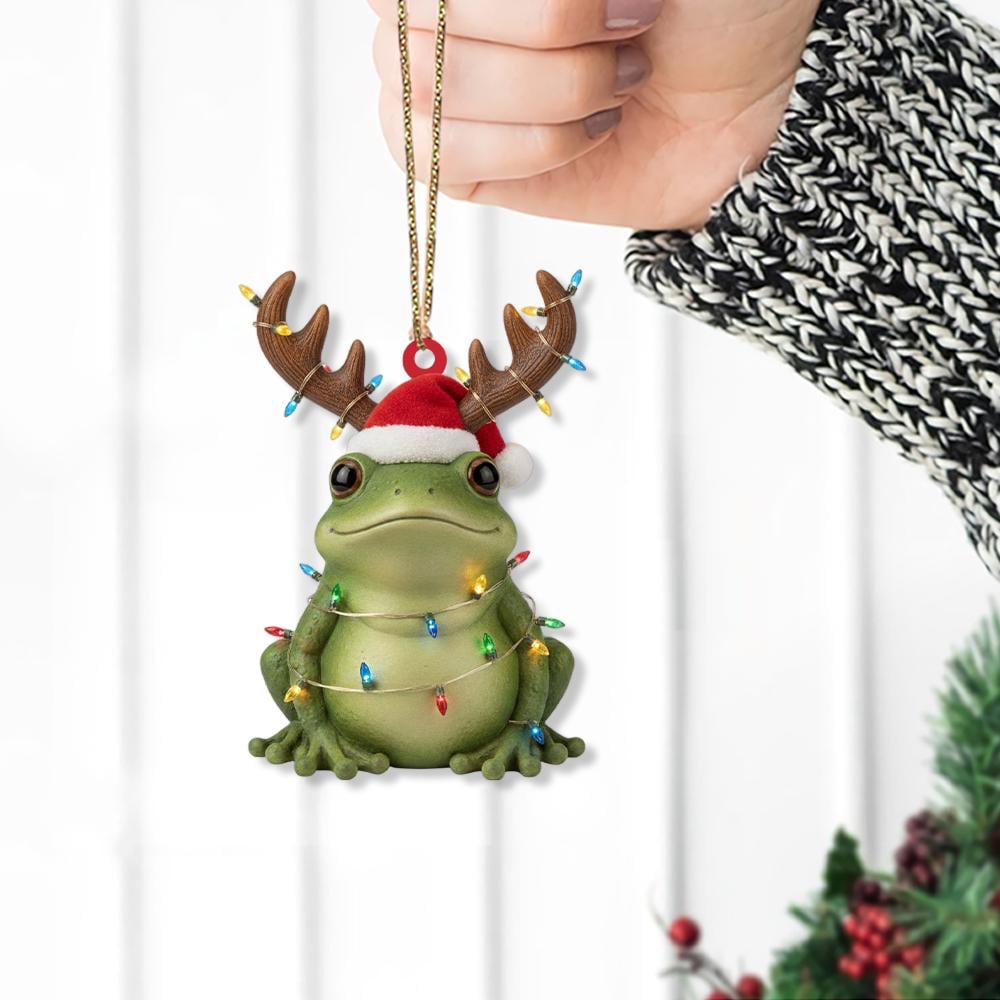 Frog Christmas Ornament – Holiday Tree Decoration with Reindeer Antlers and Santa Hat