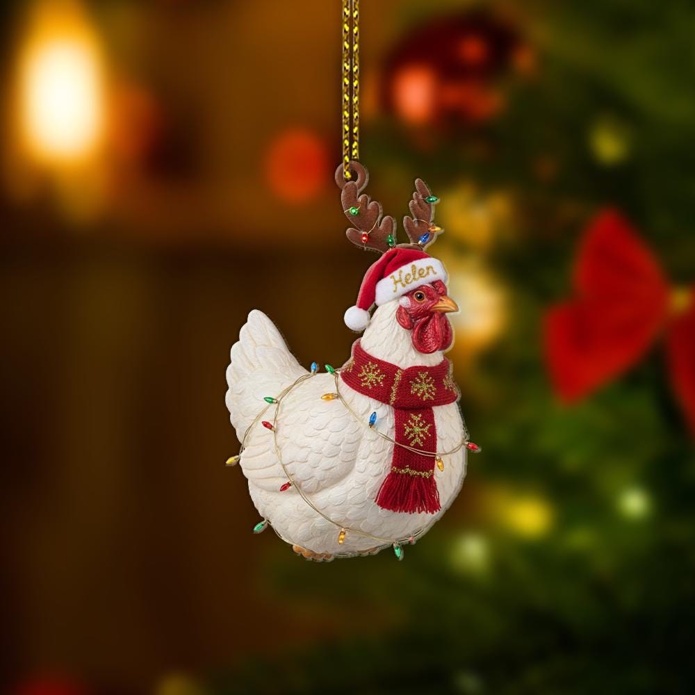 Personalized Chicken Ornament – Christmas Tree Decoration with Santa Hat, Scarf, and Lights