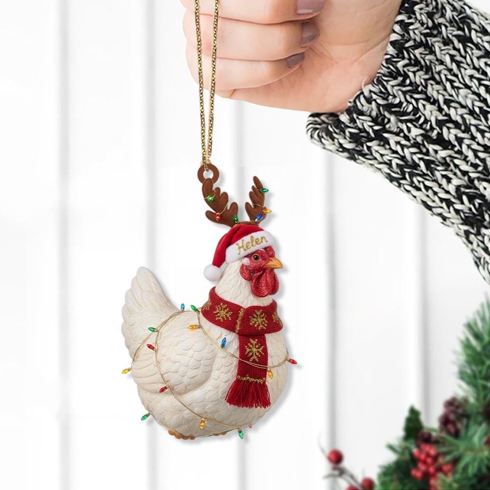 Personalized Chicken Ornament – Christmas Tree Decoration with Santa Hat, Scarf, and Lights
