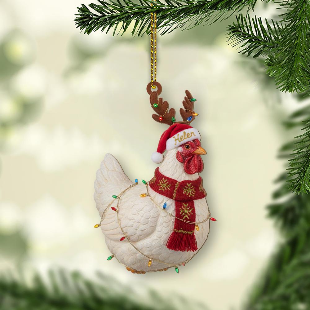 Personalized Chicken Ornament – Christmas Tree Decoration with Santa Hat, Scarf, and Lights