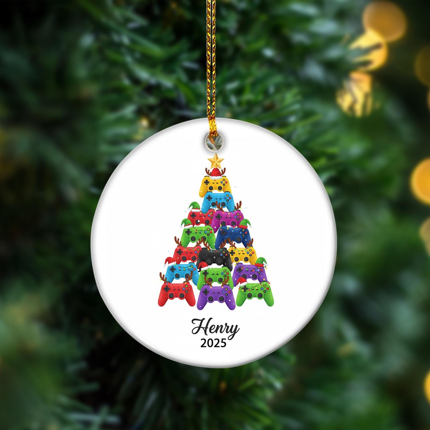 Personalized Gamer Ornament – Custom Name Christmas Tree Decoration with Game Controller Design