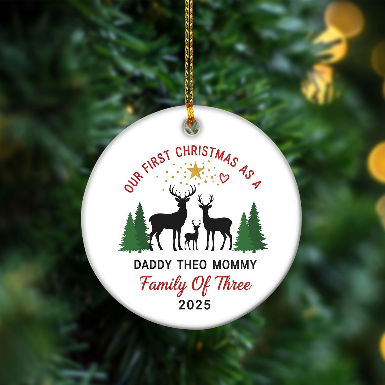 Personalized Family Ornament – Custom Name Christmas Tree Decoration with Deer and Forest Design