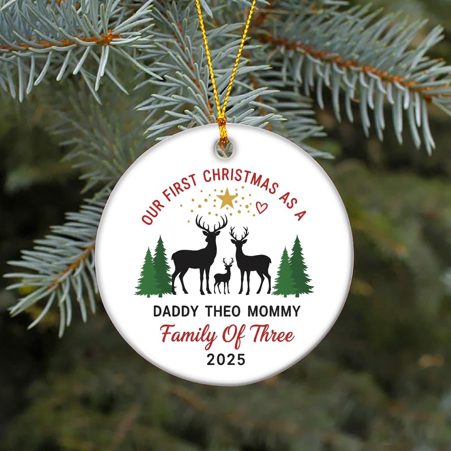 Personalized Family Ornament – Custom Name Christmas Tree Decoration with Deer and Forest Design