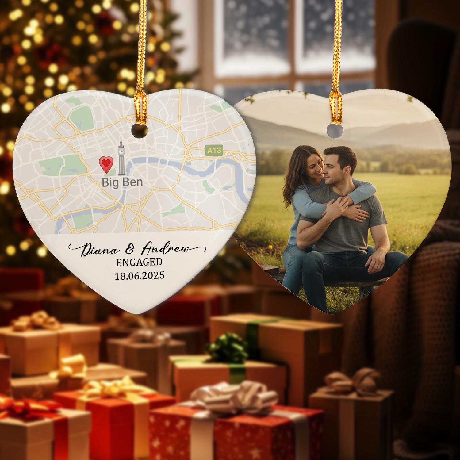 Personalized Engagement Ornament – Custom Map and Photo Gift