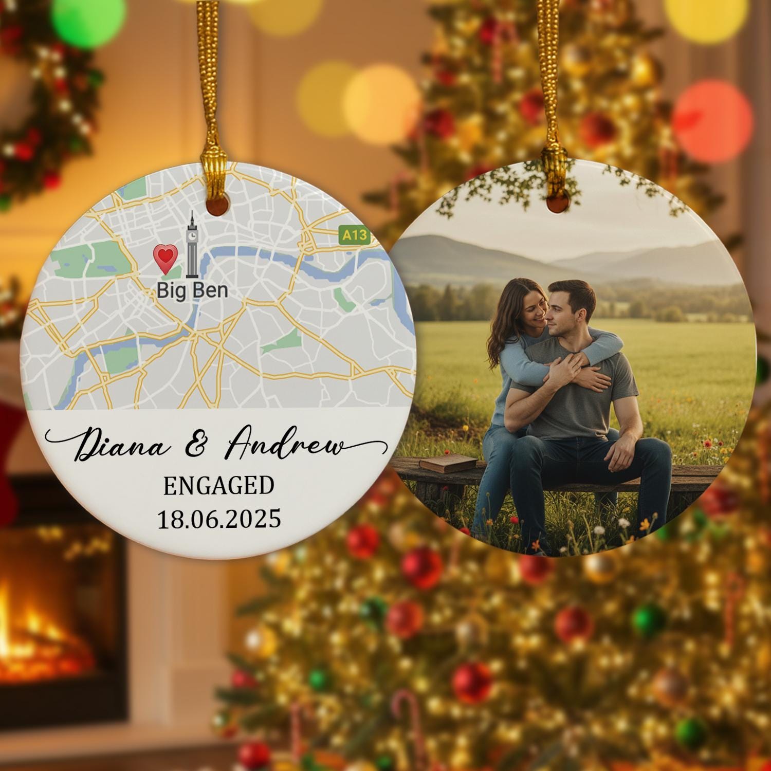 Personalized Engagement Ornament – Custom Map and Photo Gift
