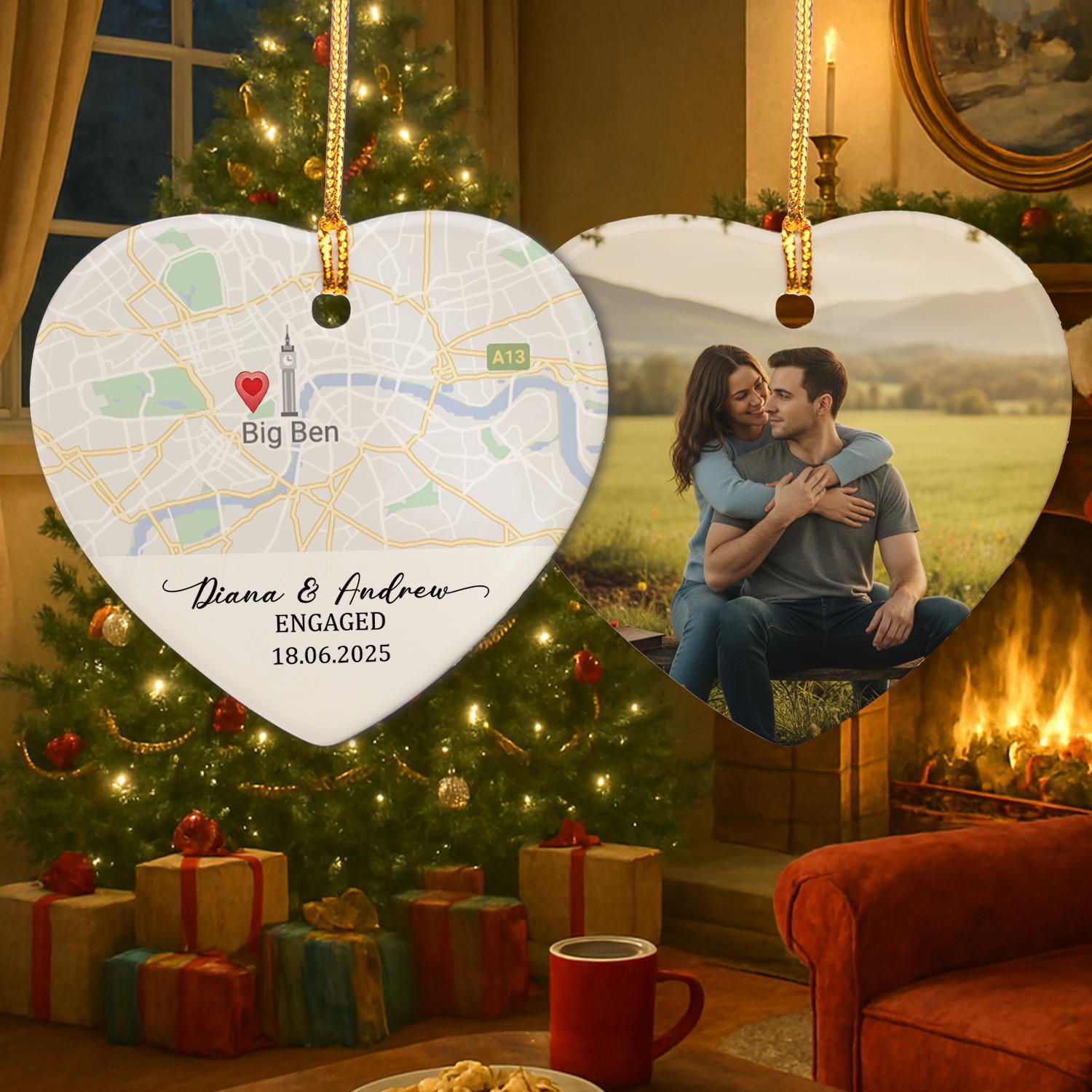 Personalized Engagement Ornament – Custom Map and Photo Gift
