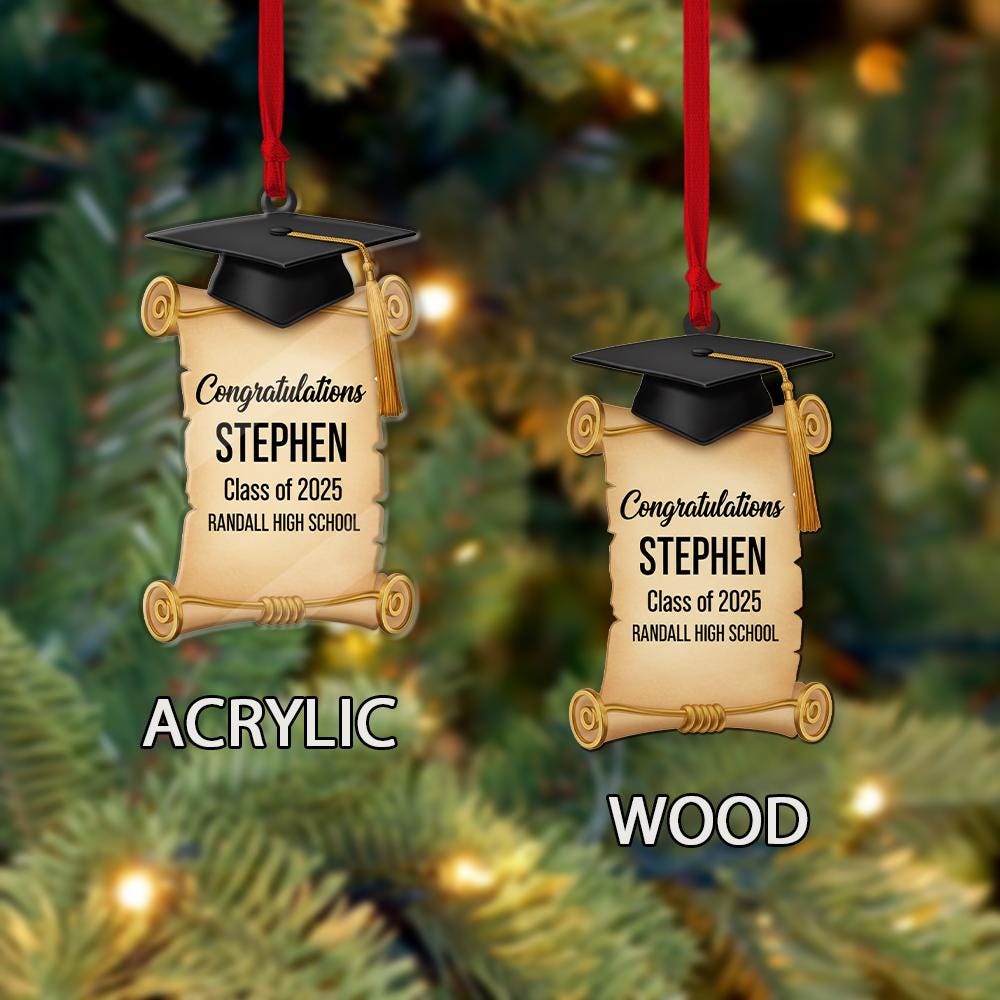 Personalized Graduation Ornament – Custom Name Class of 2025 Decoration with Cap and Diploma Design