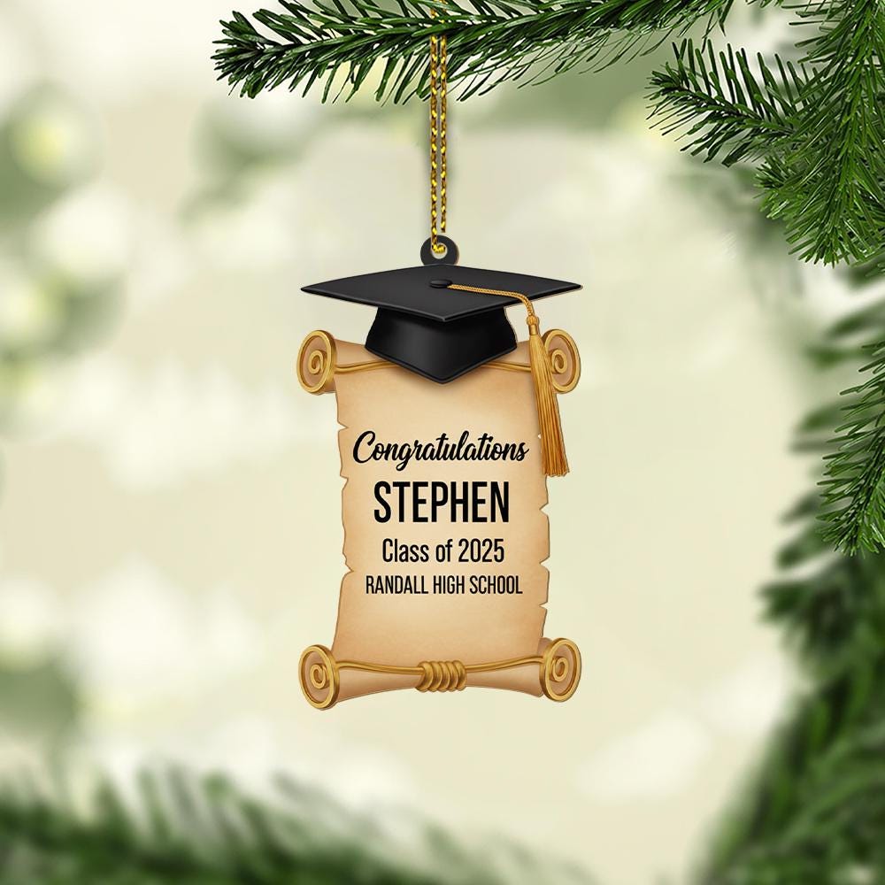 Personalized Graduation Ornament – Custom Name Class of 2025 Decoration with Cap and Diploma Design