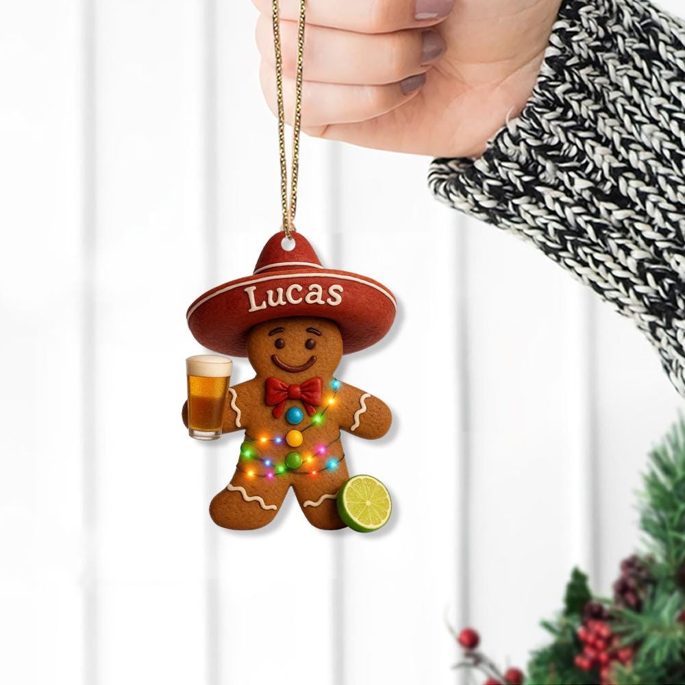 Personalized Gingerbread Man Ornament: Mexican Sombrero, Beer Mug Christmas Decor