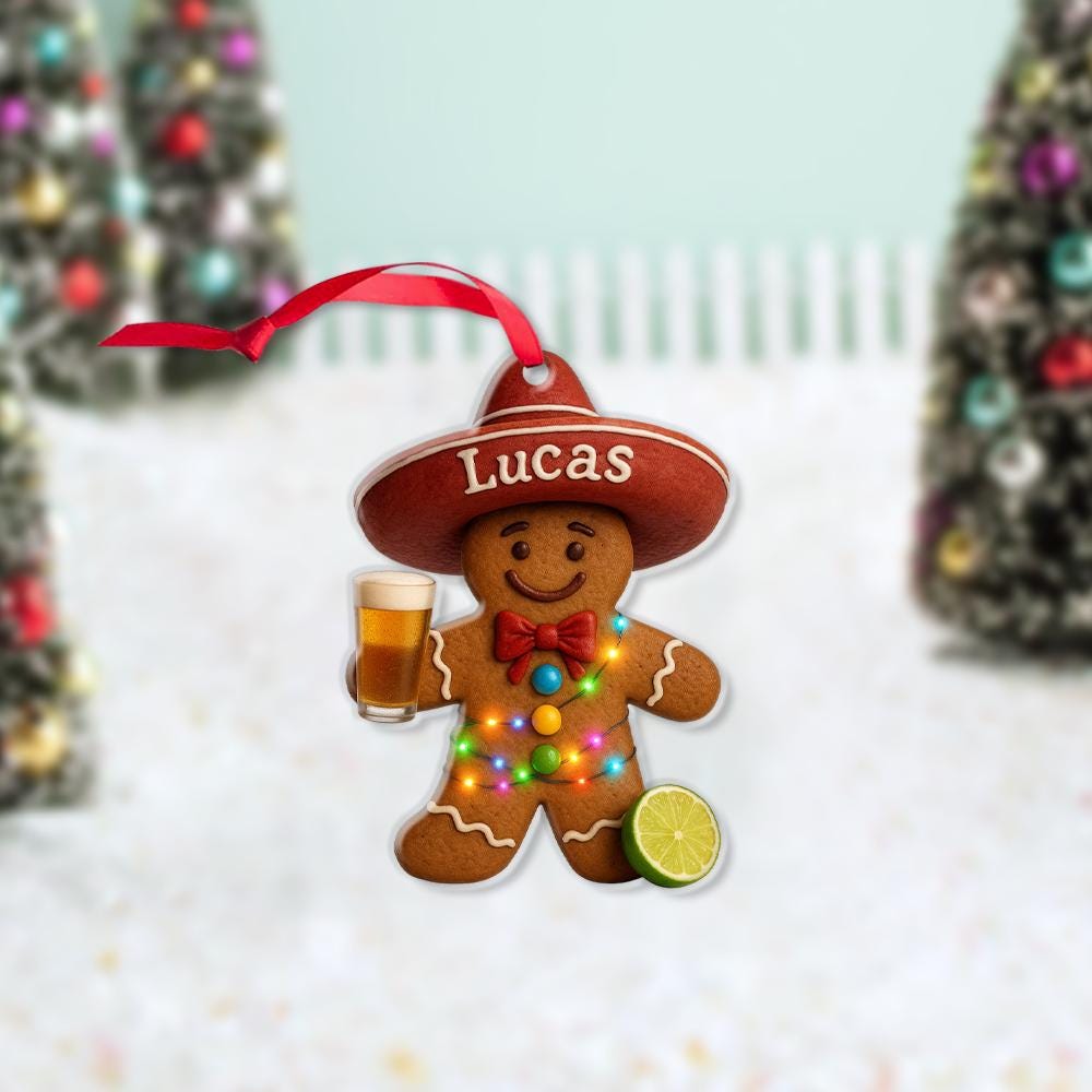 Personalized Gingerbread Man Ornament: Mexican Sombrero, Beer Mug Christmas Decor