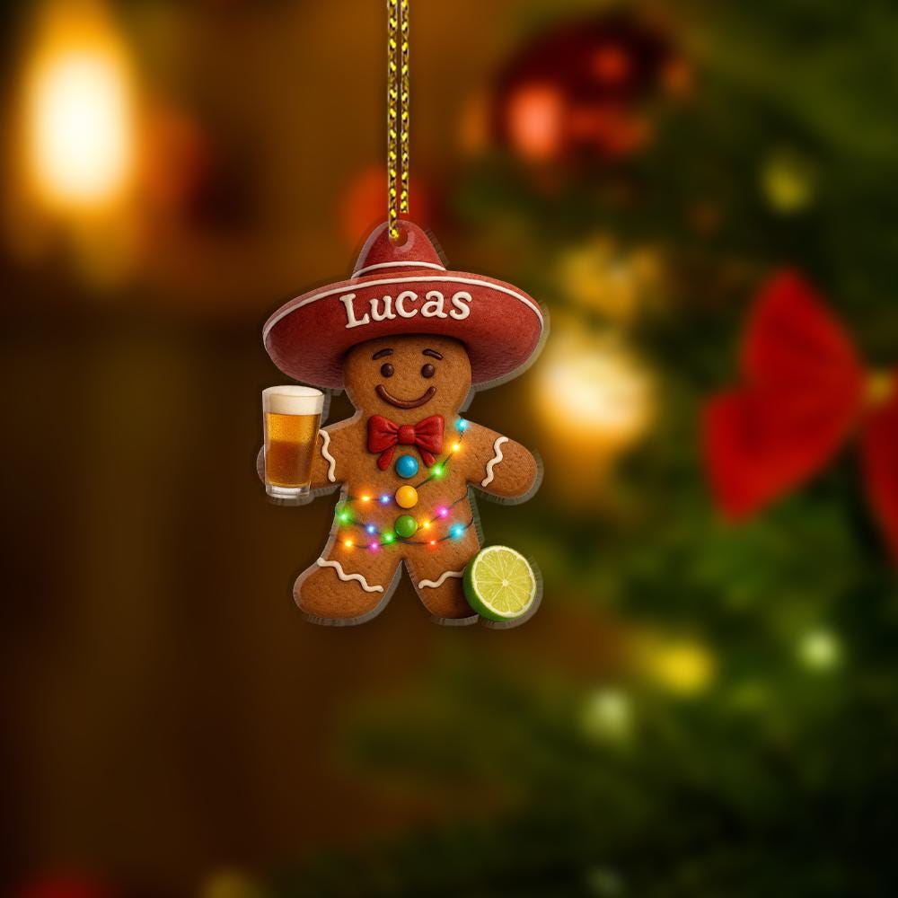 Personalized Gingerbread Man Ornament: Mexican Sombrero, Beer Mug Christmas Decor