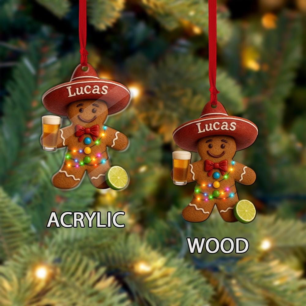Personalized Gingerbread Man Ornament: Mexican Sombrero, Beer Mug Christmas Decor