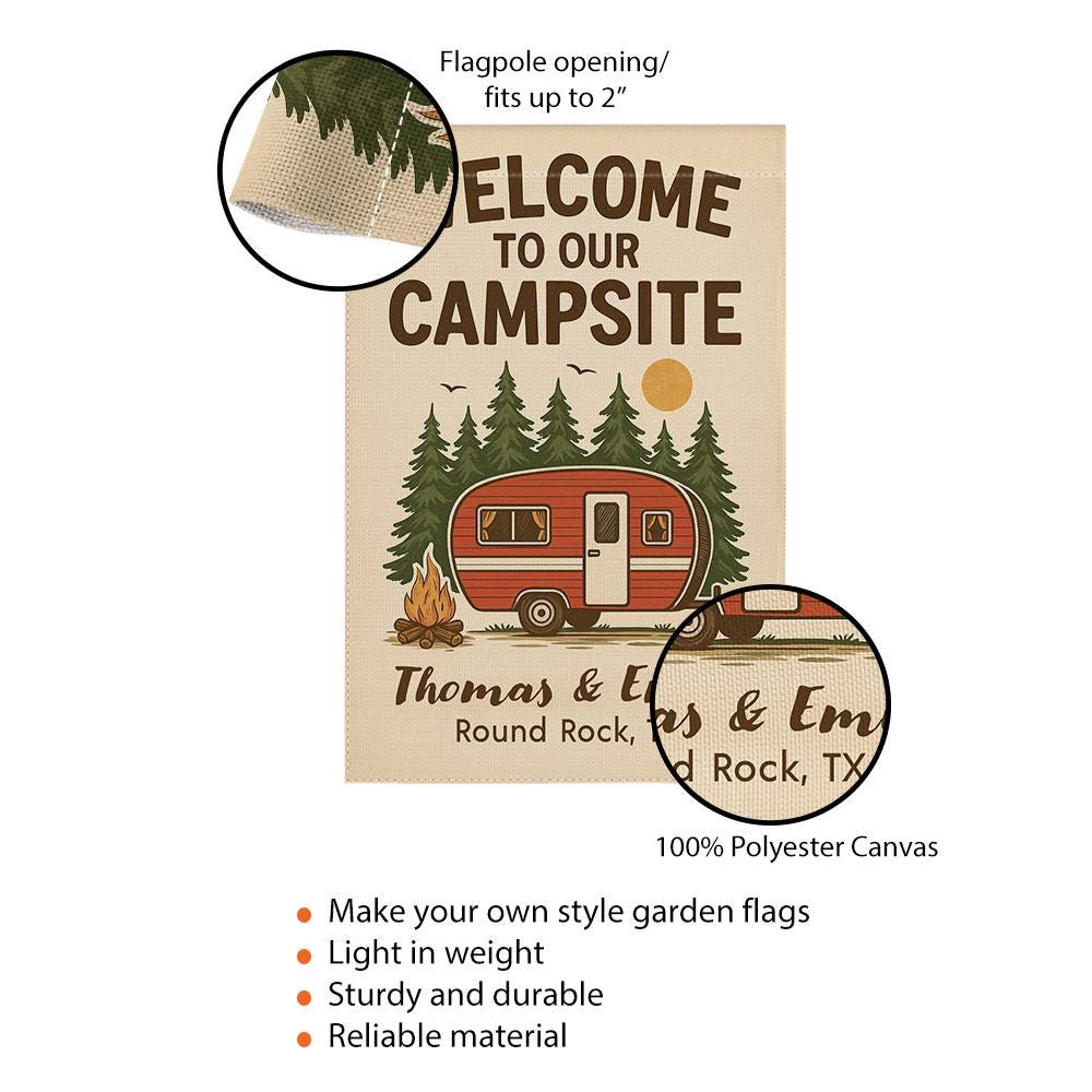 Personalized Campsite Flag – Custom Outdoor Decoration with Camper, Fire, and Pine Trees