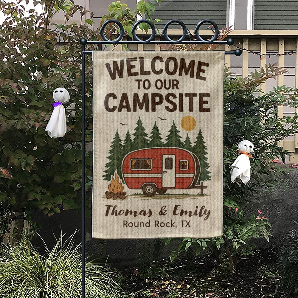 Personalized Campsite Flag – Custom Outdoor Decoration with Camper, Fire, and Pine Trees