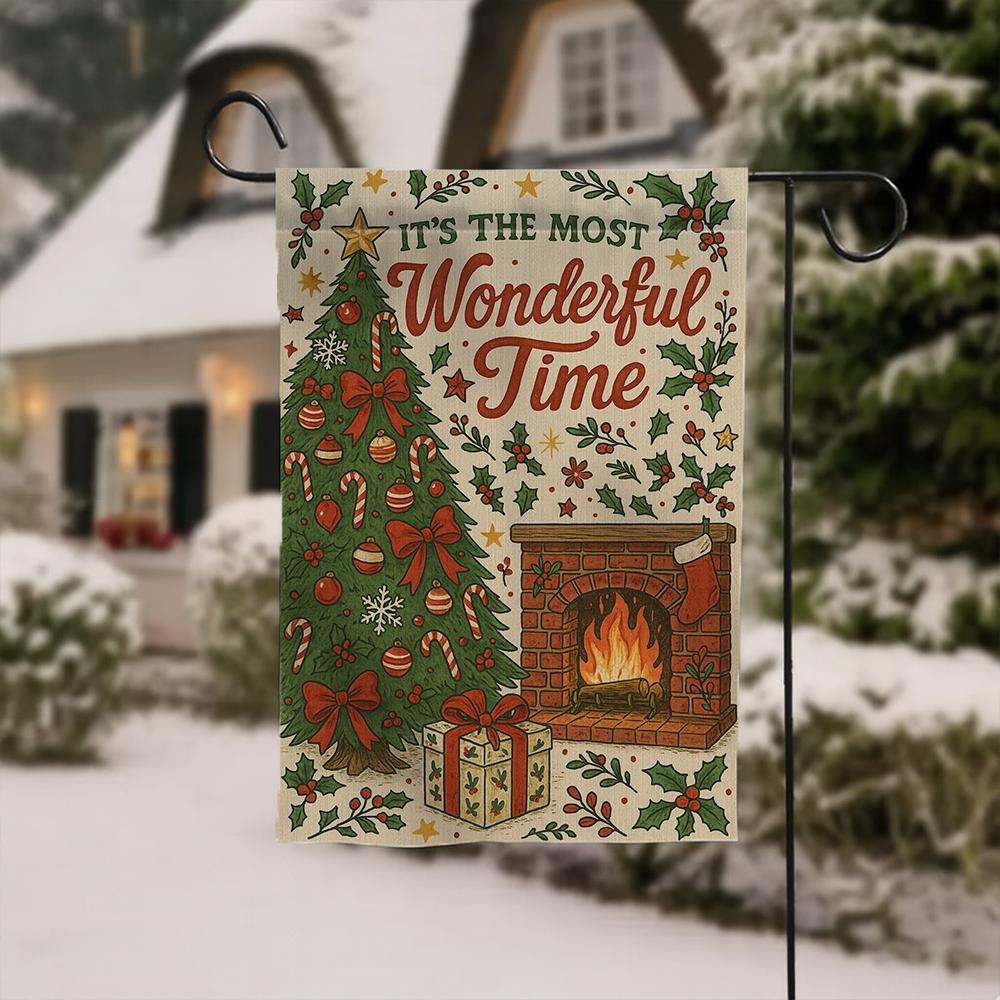 Christmas Garden Flag – Holiday Outdoor Decoration with Tree, Fireplace, and Holly Design