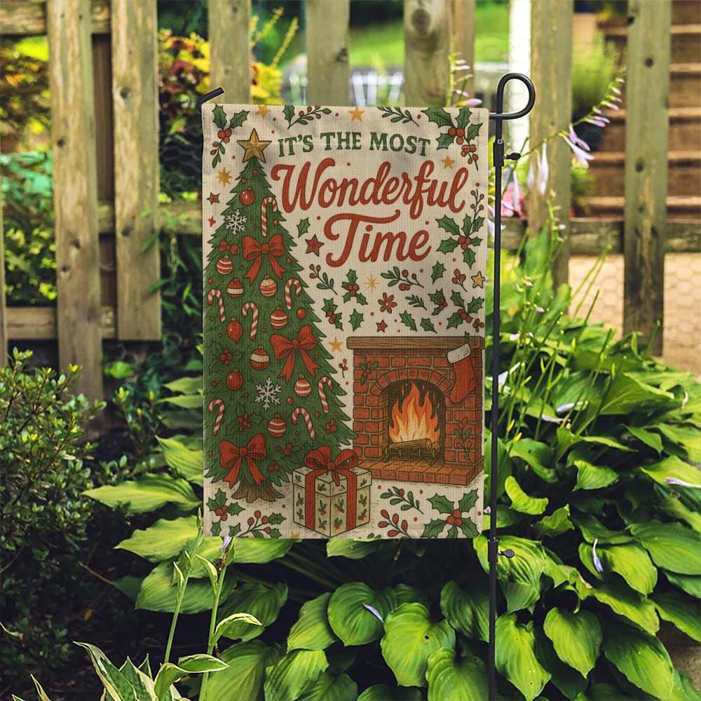 Christmas Garden Flag – Holiday Outdoor Decoration with Tree, Fireplace, and Holly Design