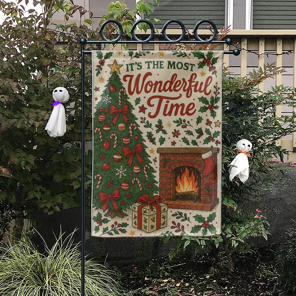 Christmas Garden Flag – Holiday Outdoor Decoration with Tree, Fireplace, and Holly Design