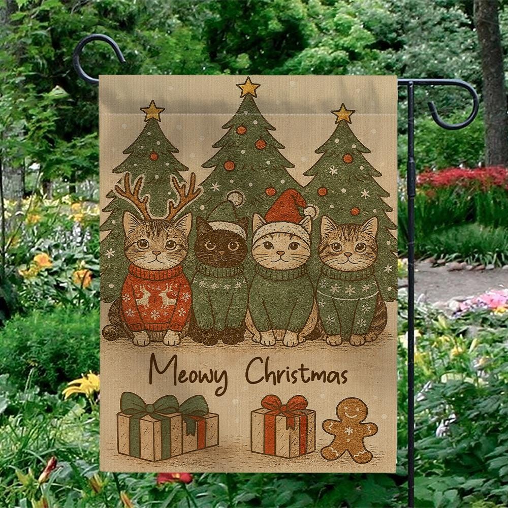Christmas Cat Garden Flag – Holiday Outdoor Decoration with Cats, Trees, and Gifts Design