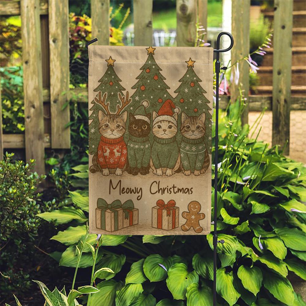 Christmas Cat Garden Flag – Holiday Outdoor Decoration with Cats, Trees, and Gifts Design